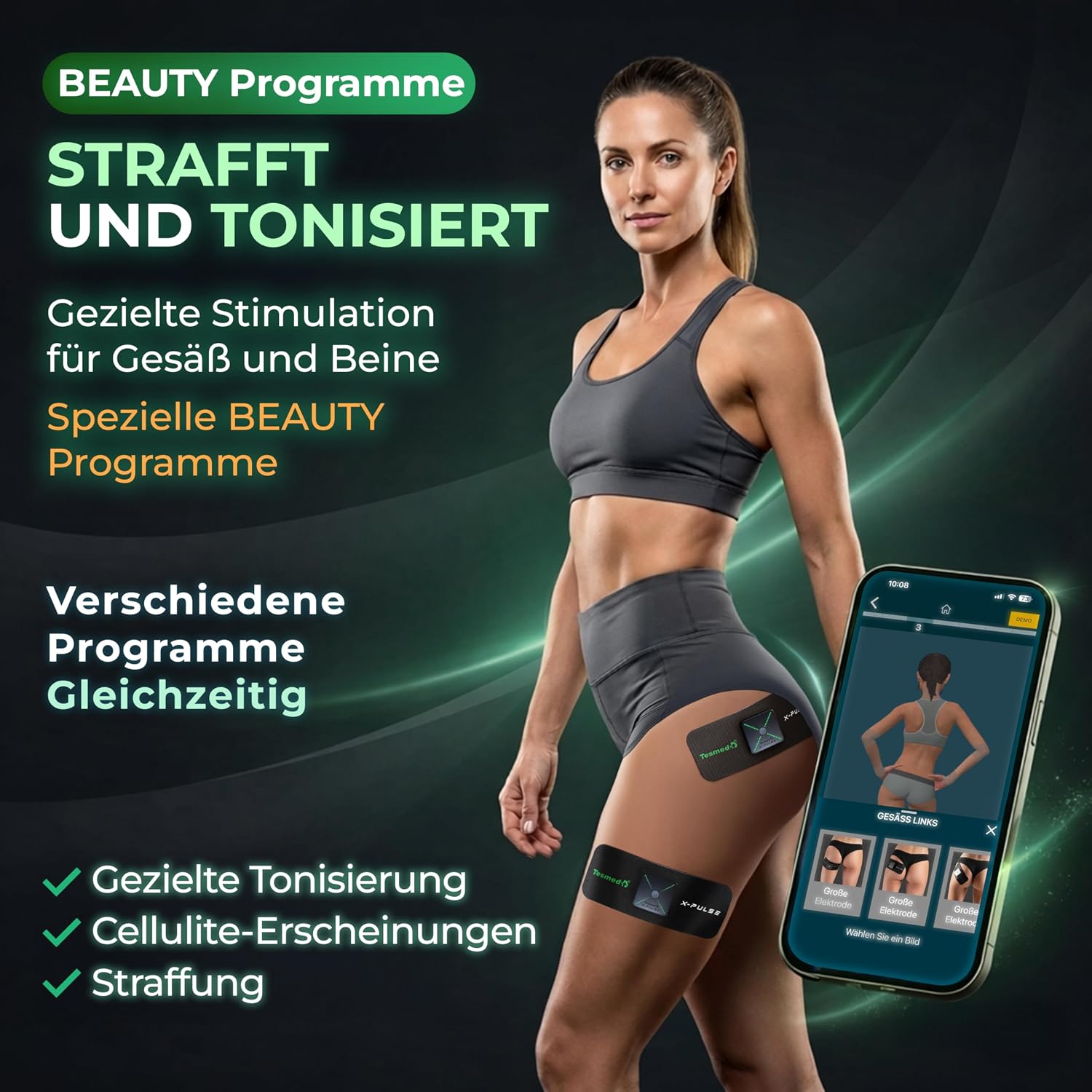 Detalle de TESMED X-Pulse Wiederaufladbarer kabelloser EMS-Muskelstimulator – 2 Geräte, App-Steuerung, 130 Intensitätsstufen