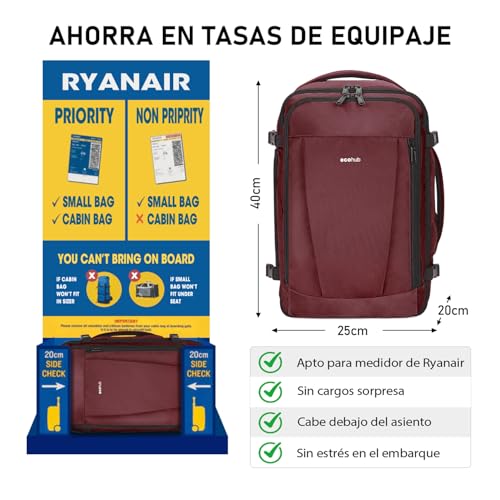 Thumbnail 1 de ECOHUB Mochila de cabina para avión Ryanair (40x20x25) con 13 compartimentos y 20L, roja, reciclada