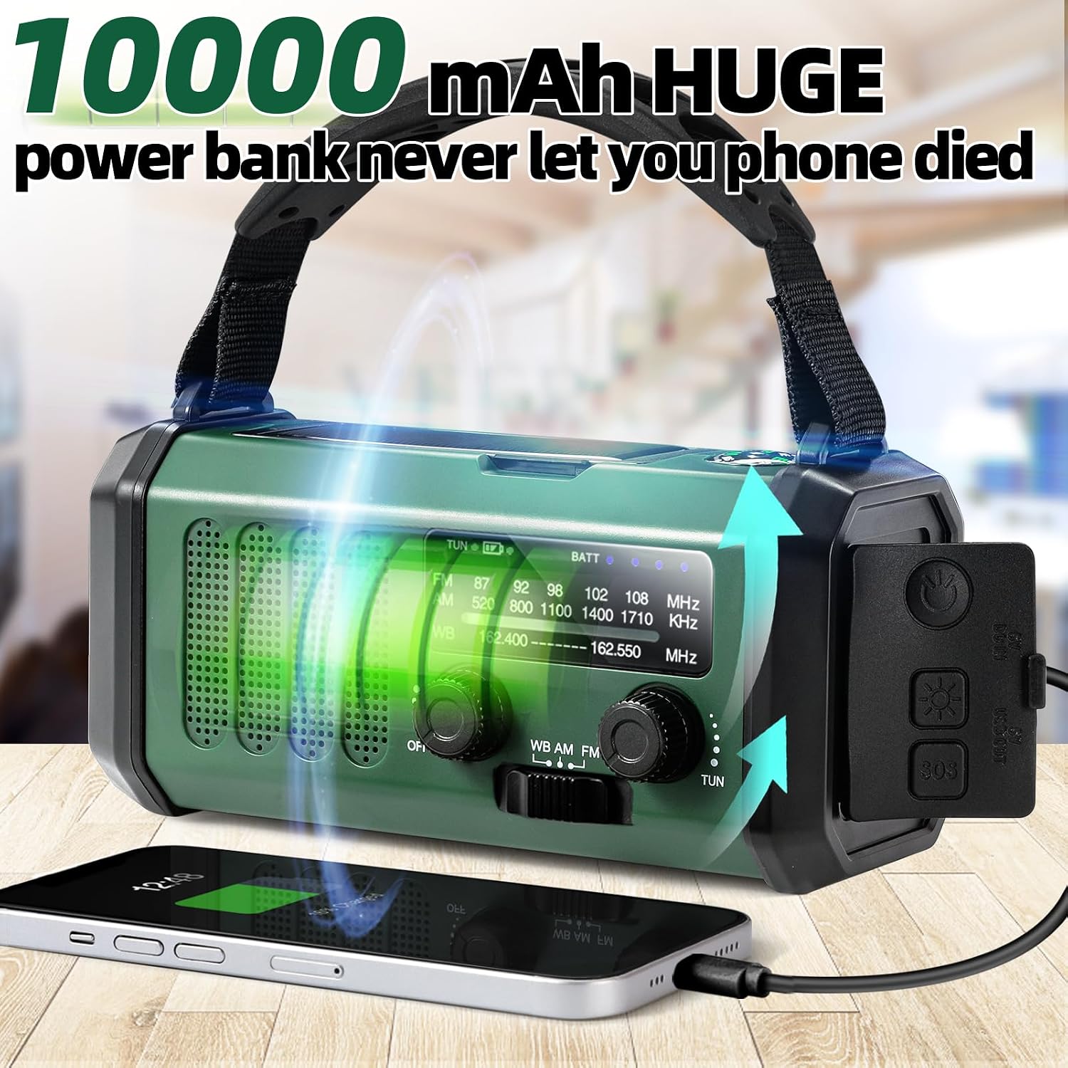 Detalle 1 de QAUYYW Emergency Radio 37000 mAh with Crank 🔦