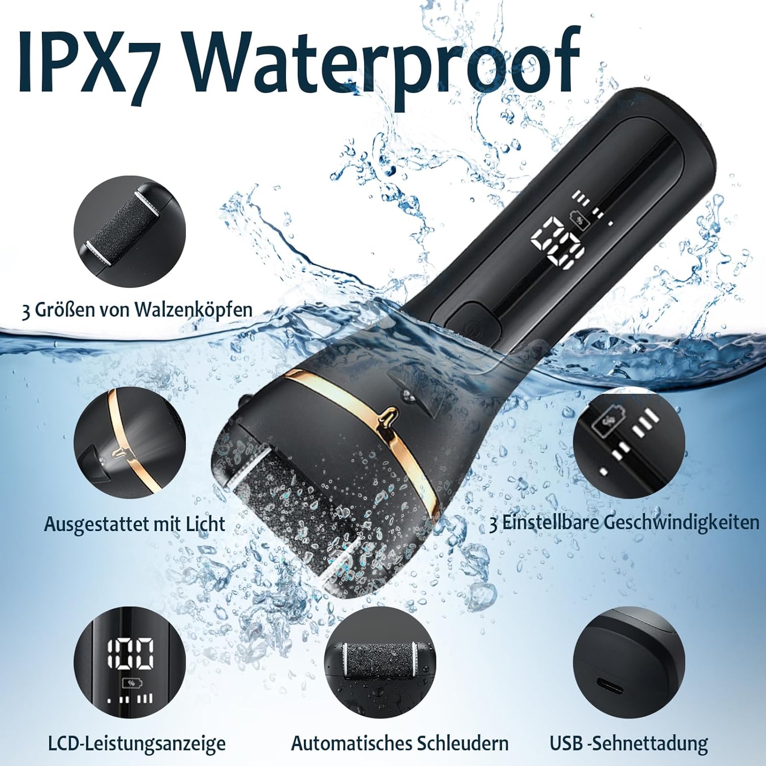 Thumbnail 2 de Pedicure elettrico professionale per piedi con 3 testine abrasive sostituibili e 3 velocità (nero)