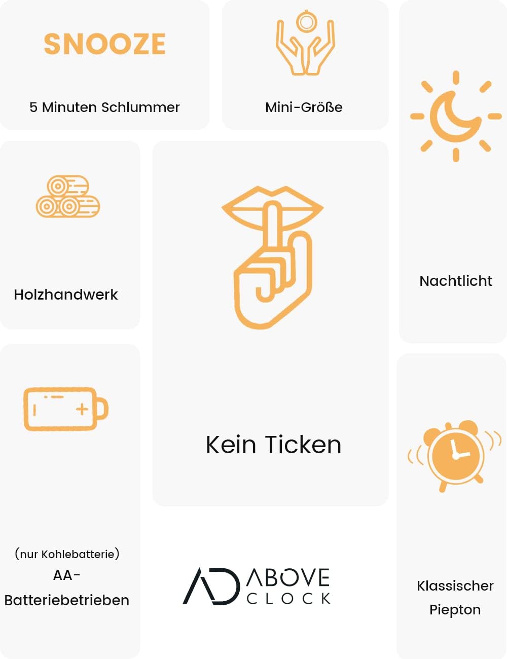 Thumbnail 1 de aboveClock Analog-Wecker aus Holz ohne Ticken mit Snooze und Nachtlicht (Naturholz hellbraun)