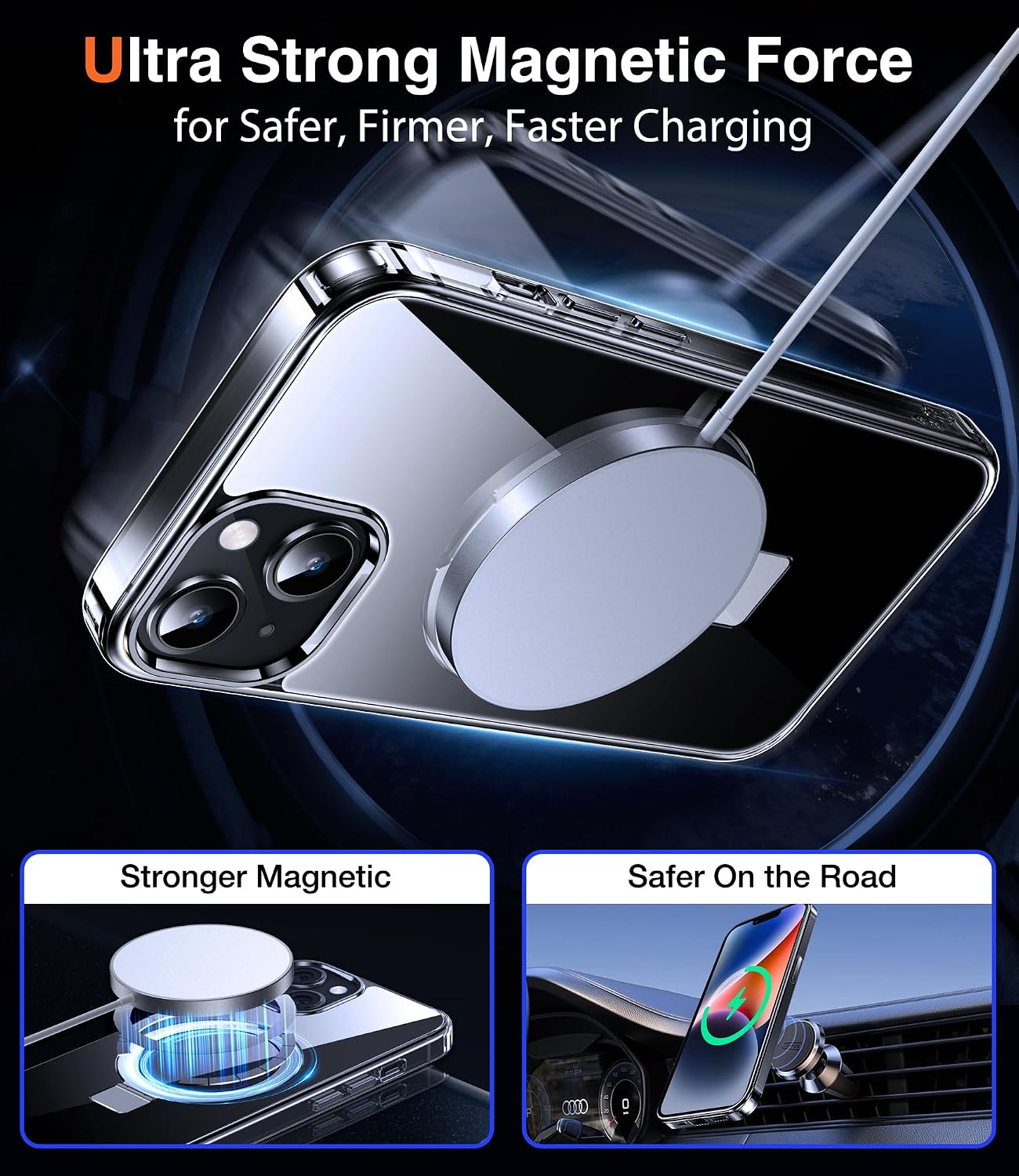 Detalle de Chicfun 3-in-1 MagSafe case for iPhone 13/14 with Magnetic stand, kickstand and ring grip (clear)
