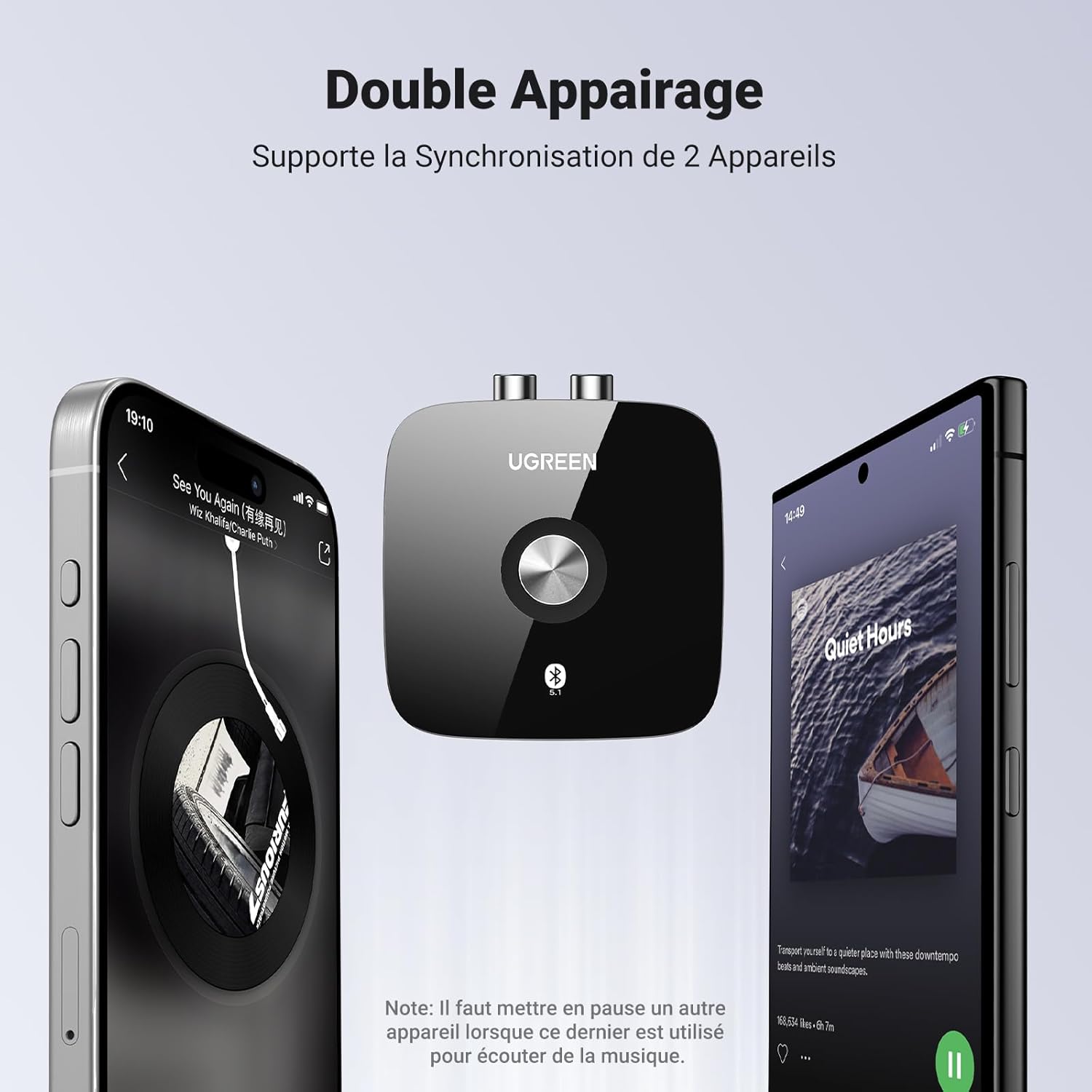 Detalle 2 de UGREEN Récepteur Bluetooth 5.1 aptX HD (aptX / AAC / SBC) avec double connexion 2RCA et 3,5 mm
