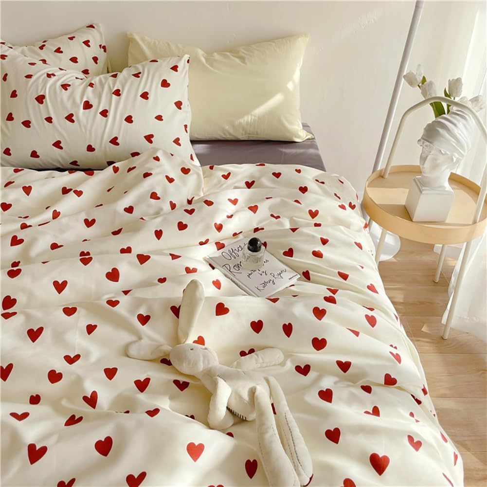 Detalle de Michorinee Housse de Couette Cœur 220x240 Rouge avec 2 Taies d'oreiller 65x65 cm – Parure de Lit Rouge et Blanche en Microfibre
