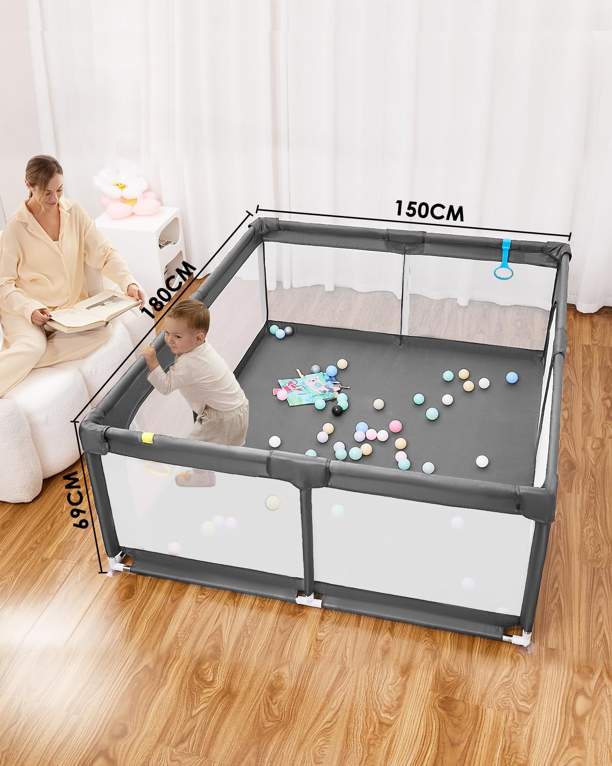 Thumbnail 3 de derimkcoa Laufstall Baby – Großer, tragbarer Laufgitter 150x180x66 cm, Grau