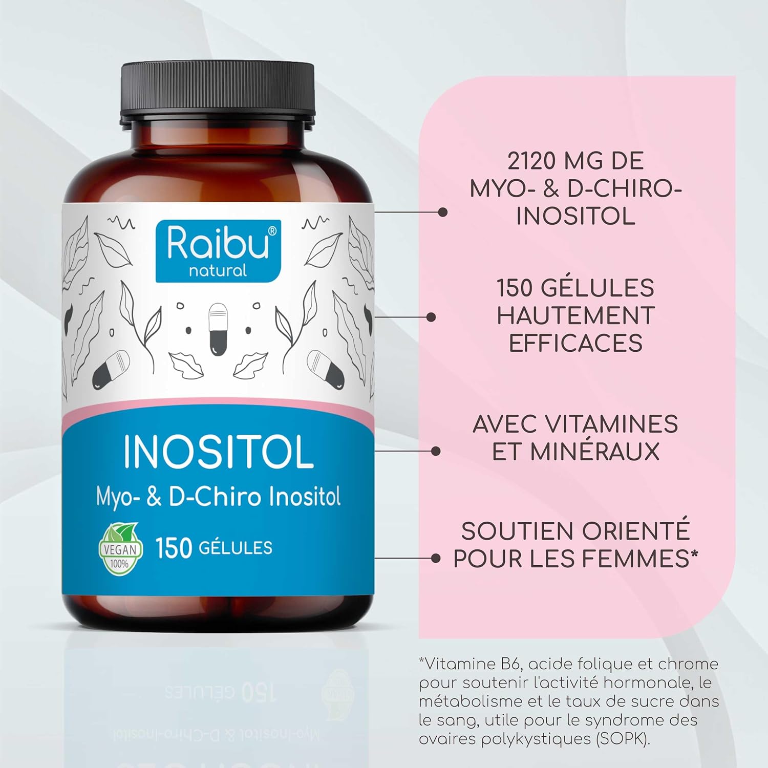 Thumbnail 3 de Inositol Myo Inositol & D-Chiro 150 gélules (avec vitamine B6, acide folique et chrome) – Raibu