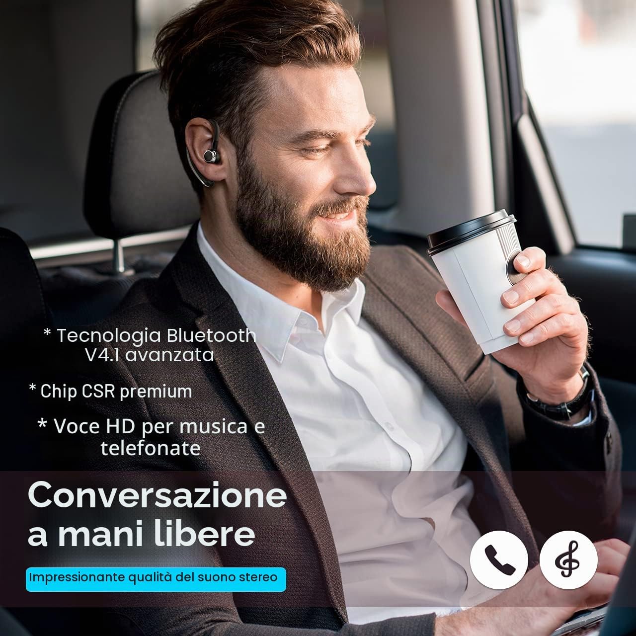 Thumbnail 4 de COSMUSIS Cuffie Bluetooth singola CVC 6.0 con cancellazione rumore e microfono, vivavoce business