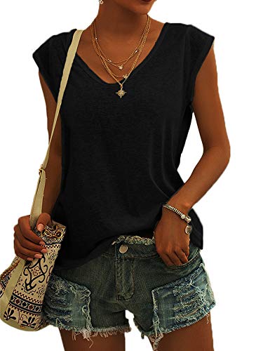 Detalle de GeGekoko Damen V-Ausschnitt T-Shirt Sommer Basic Top, Schwarz, Größe M