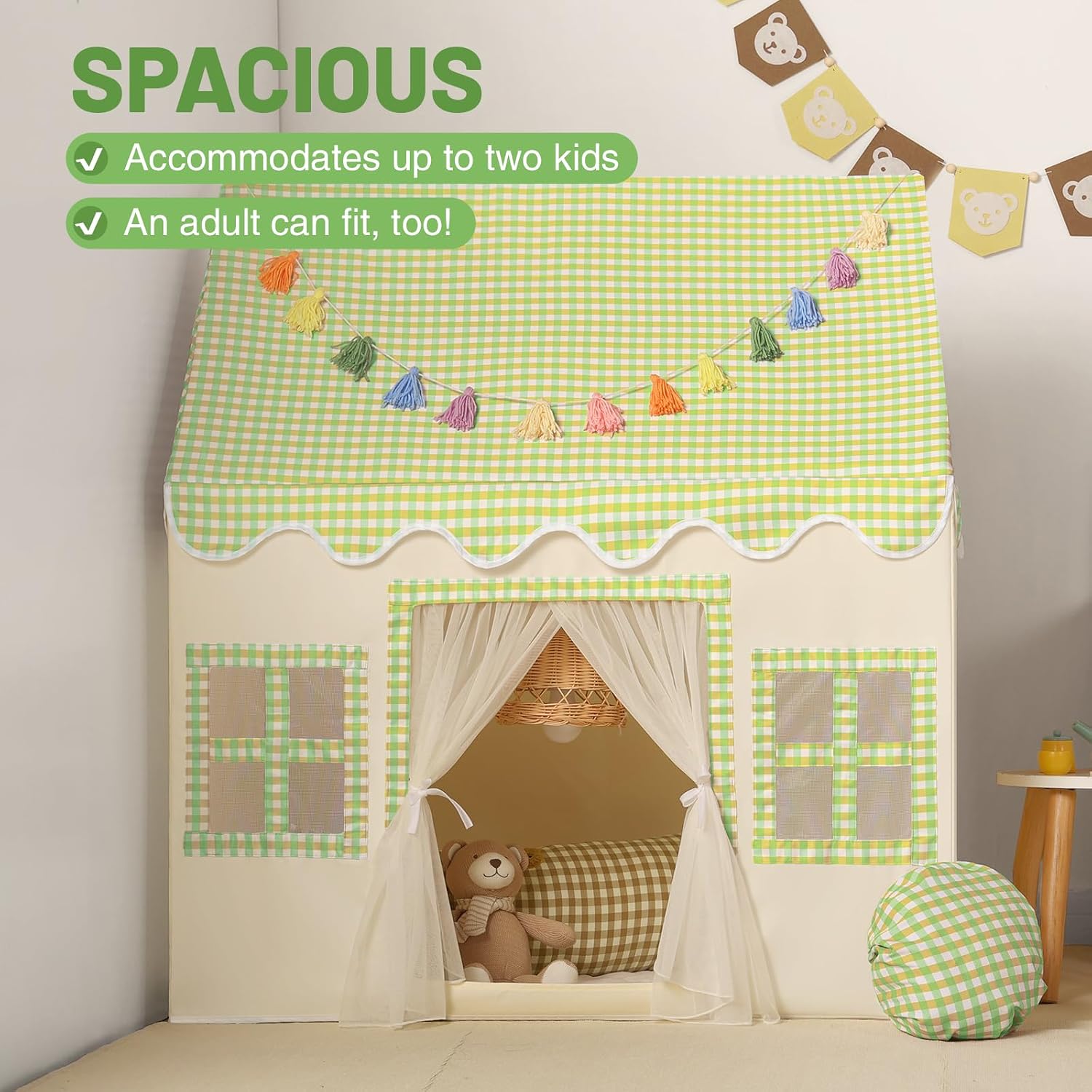 Detalle 2 de Wilwolfer Kids Indoor Play Tent: Princess PlayHouse with Green Checkered Mat & Tassel Garland (67.5×97×107.5 cm)