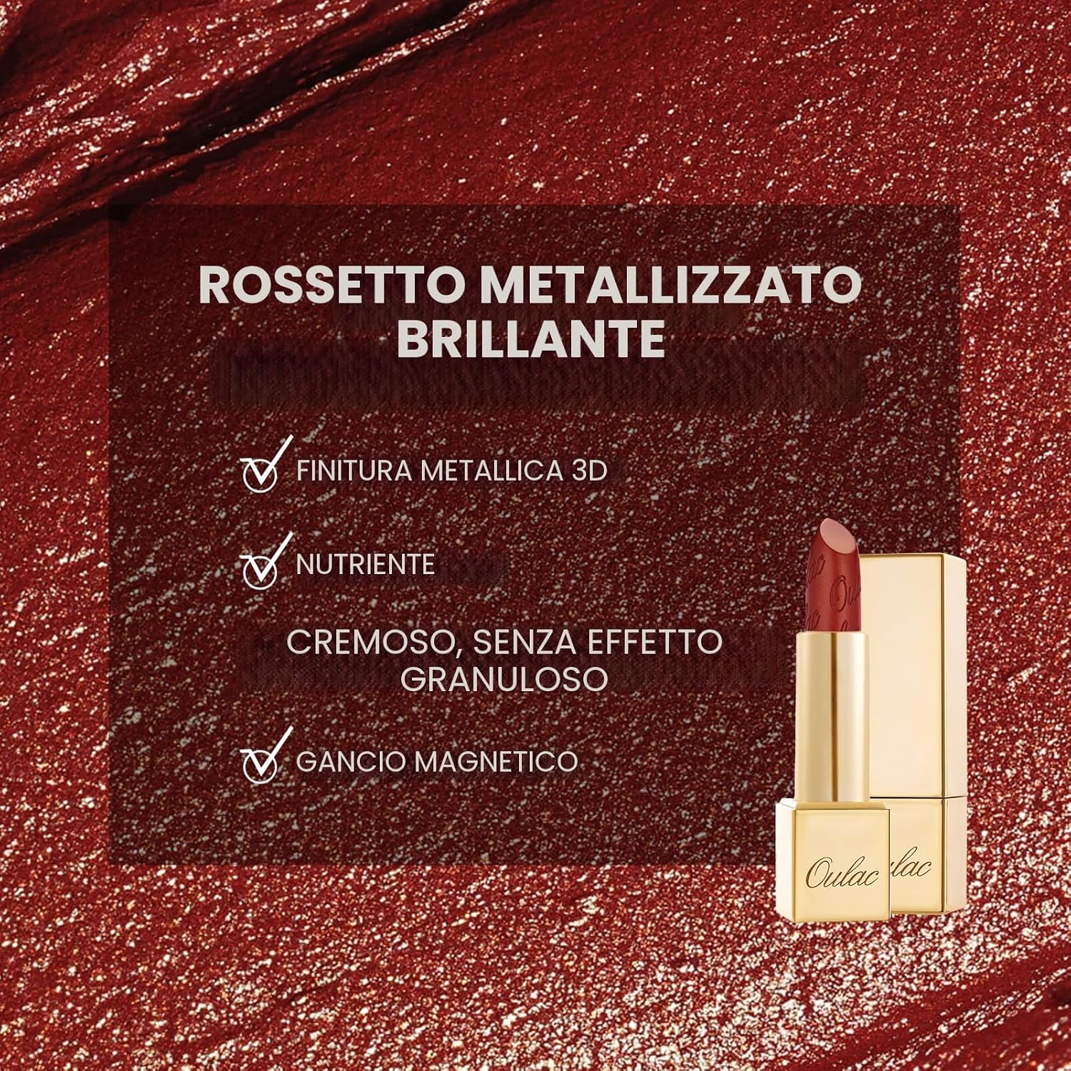 Detalle de OULAC Rossetto Opaco Finitura Metallica Matte Rossetti Rosso Prugna Glitterato GM13 Daring da 4,3 g