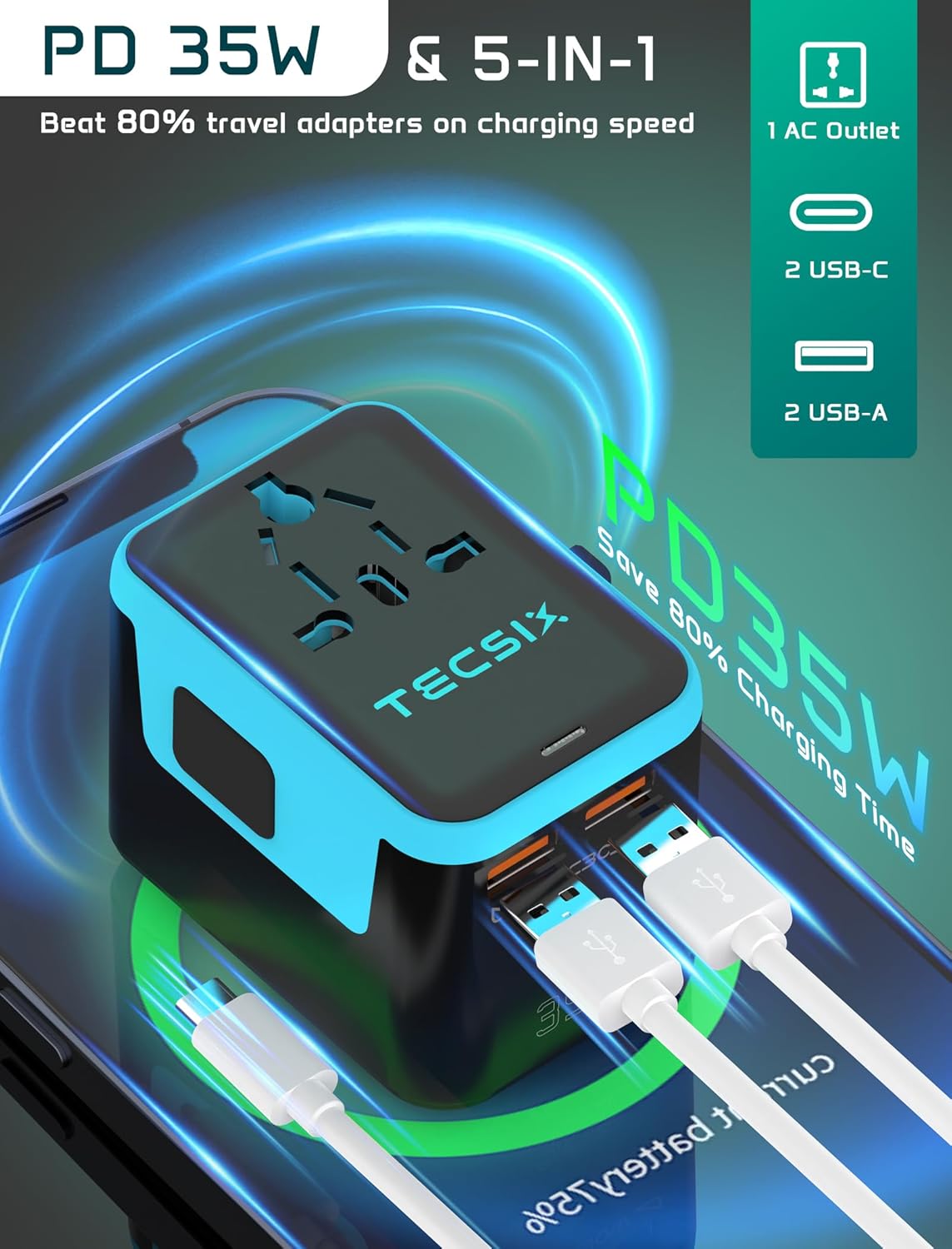Thumbnail 2 de TECSIX Reiseadapter Weltweit – universeller Reisestecker mit 35W PD, 2× USB-C, 2× USB-A und AC-Steckdose