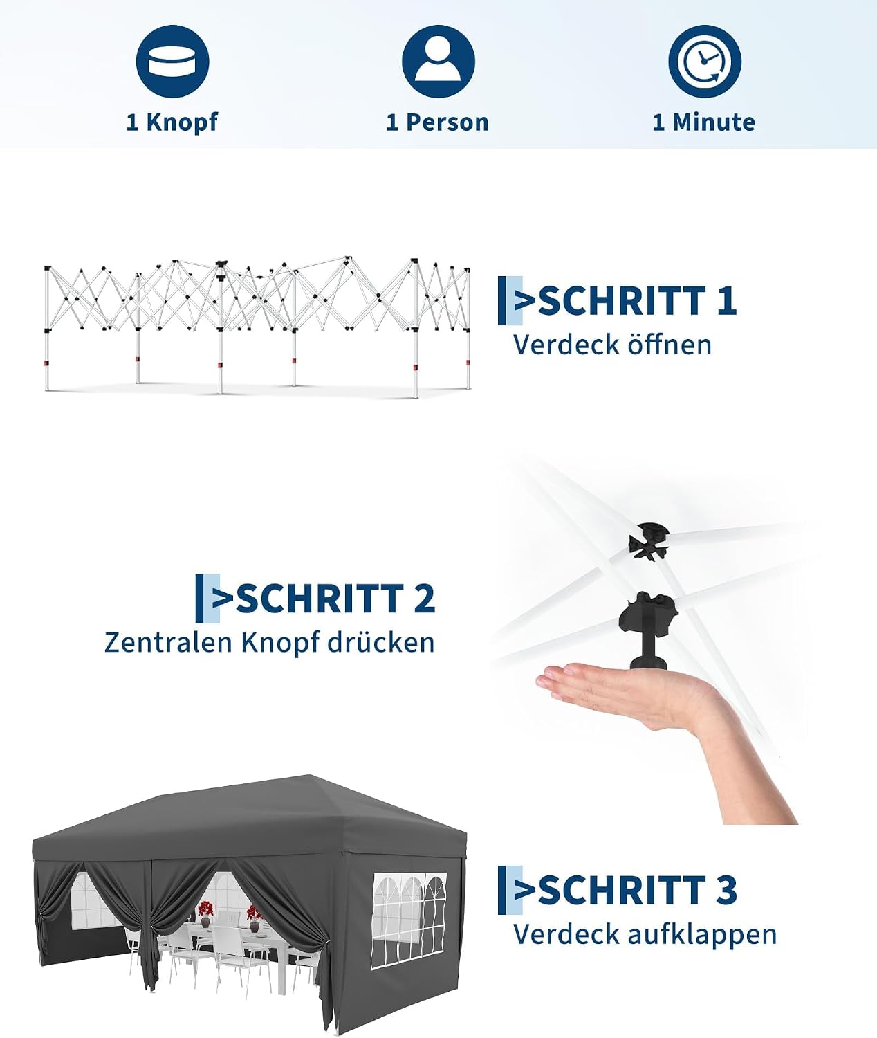 Detalle de Wasserdichter Pop Up Pavillon 3x6 m – UV-Schutz 50+, höhenverstellbar, faltbar & mit 6 Seitenwänden