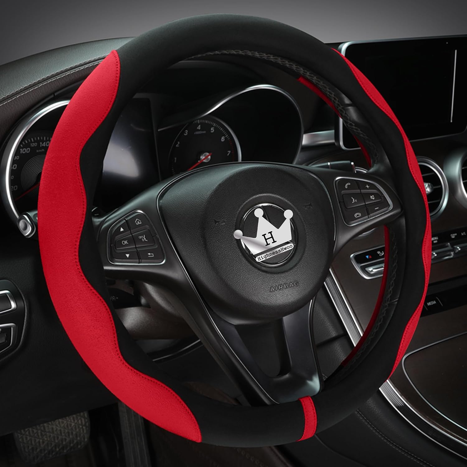 Detalle 2 de HighnessHwoo Luxuriöser Suede Auto Lenkradbezug – Komfort-Lenkradabdeckung in Rot, für 37–38 cm