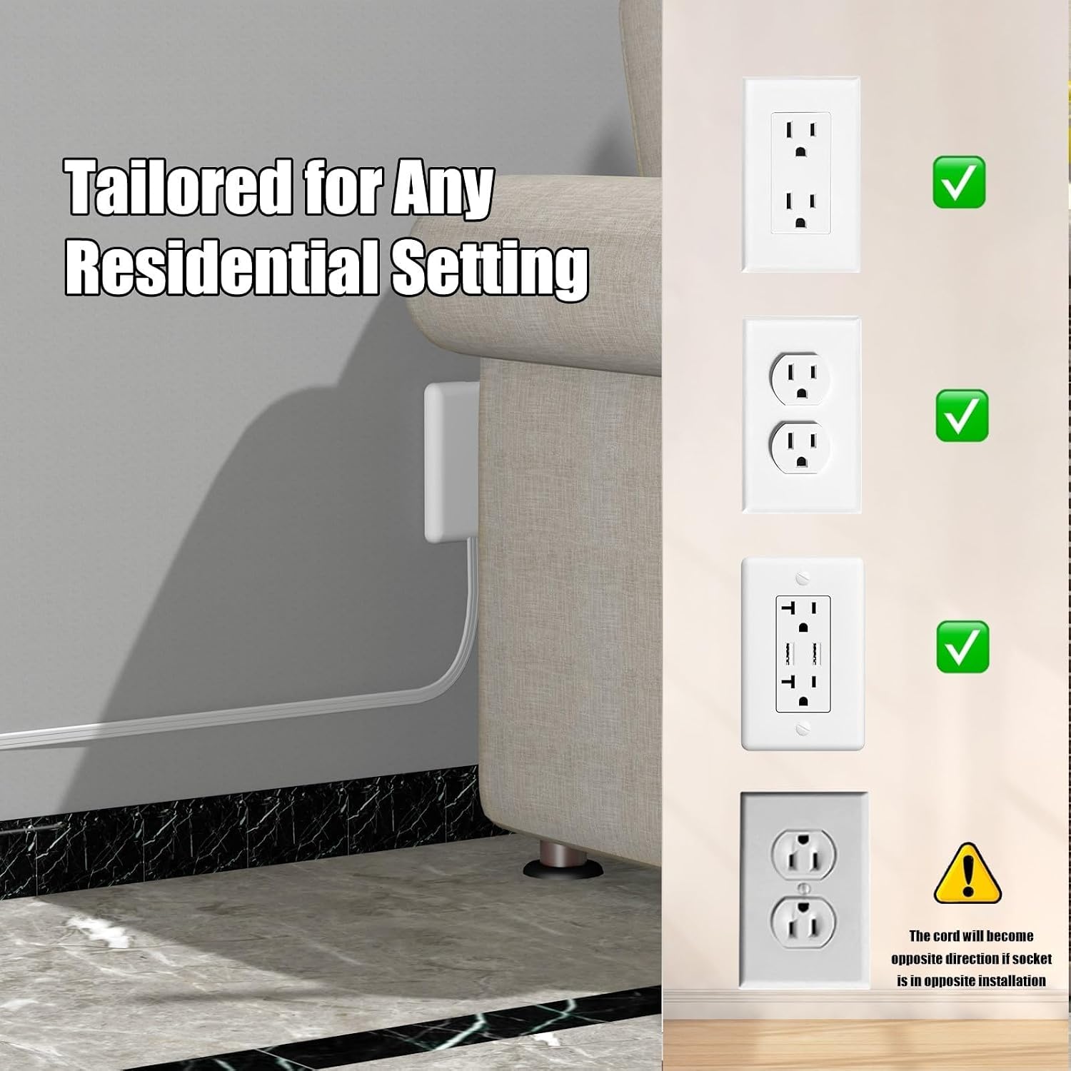 Detalle de CABOCASA 2 Pack 3ft Flat Plug Extension Cord with 3 Outlets and Detachable Ultra-Thin Outlet Cover