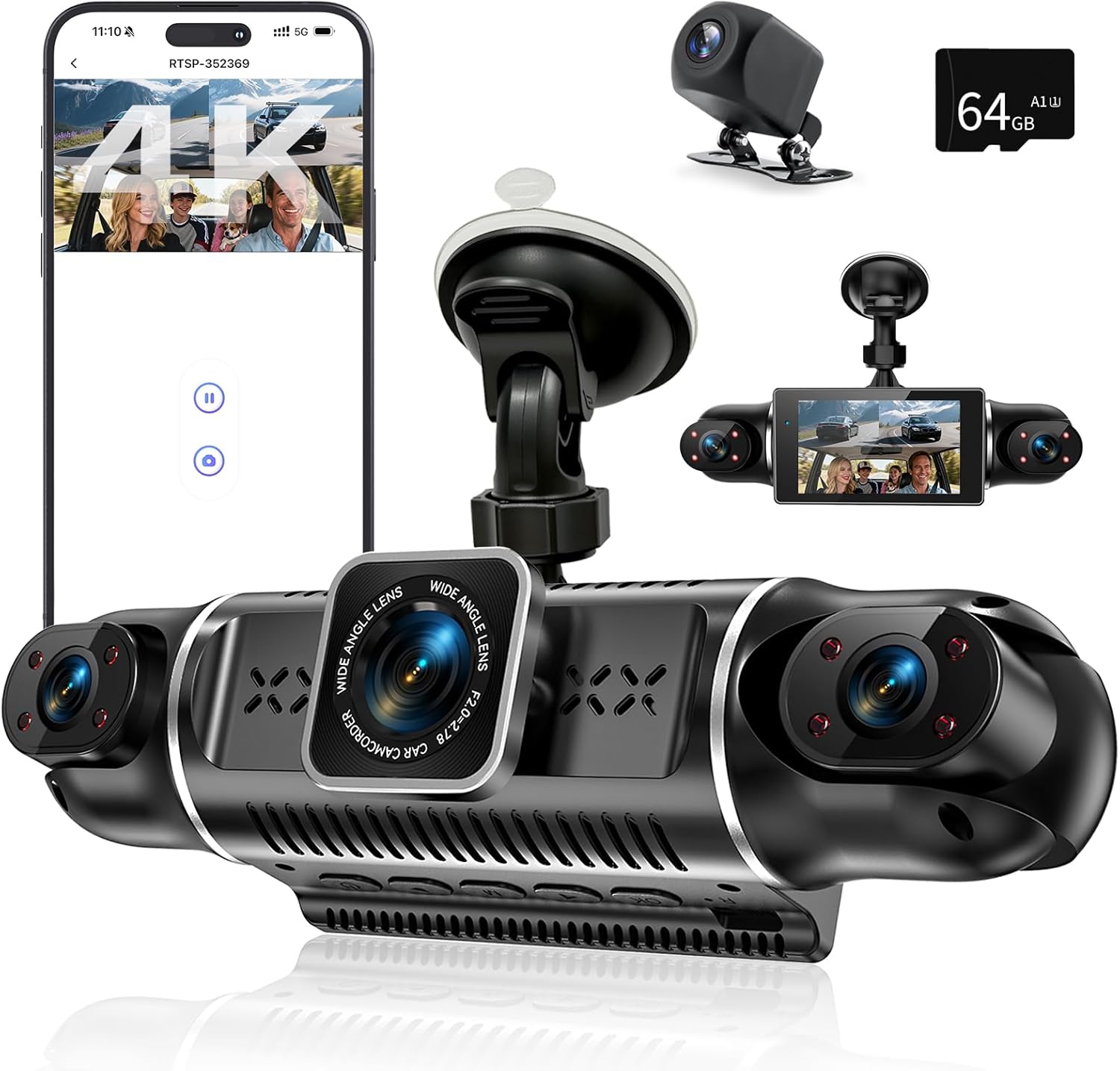 Detalle de 4K Dashcam Auto vorne hinten – 4-Kanal-Überwachung mit WLAN, G-Sensor & Parkmodus