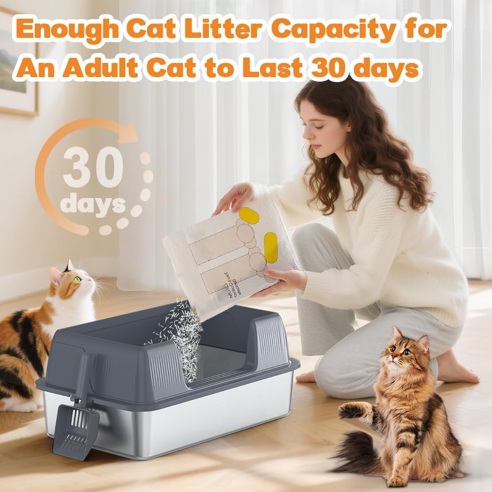Detalle de Vivifying Bac à Litière en Acier Inoxydable pour Chat – Entrée Latérale, Pelle et Anti-Débordement (Gris)