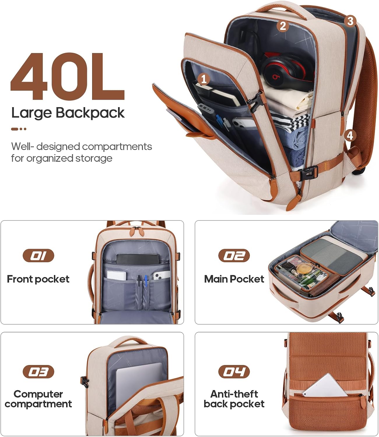 Thumbnail 4 de UKEIN 3-Piece Luggage Set: 20-Inch Carry-On with TSA Lock and Travel Backpack (Beige)