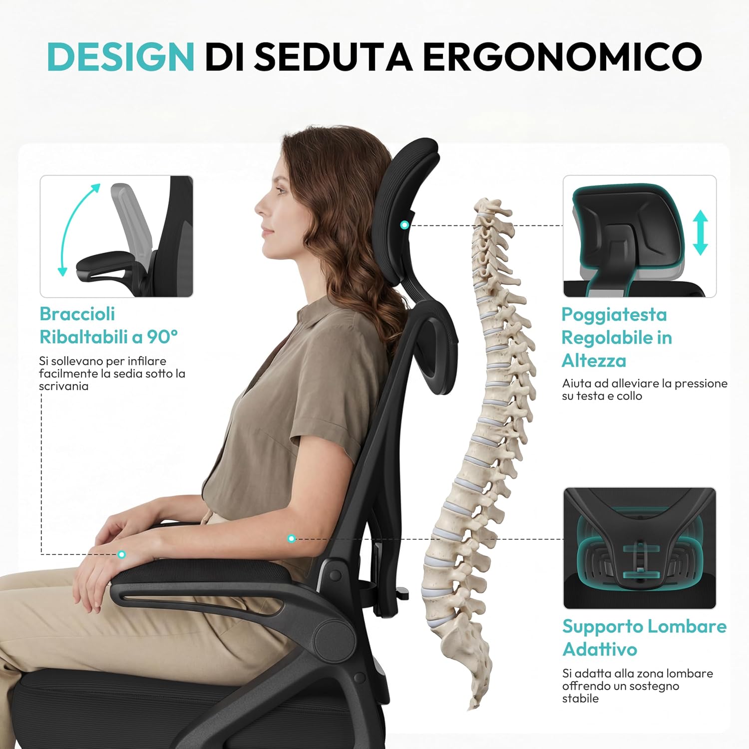 Thumbnail 5 de Yaheetech Sedia Ufficio Ergonomica con Braccioli e Poggiatesta Regolabile – Schienale Alto, Dondolo, Rete Traspirante e Supporto Lombare