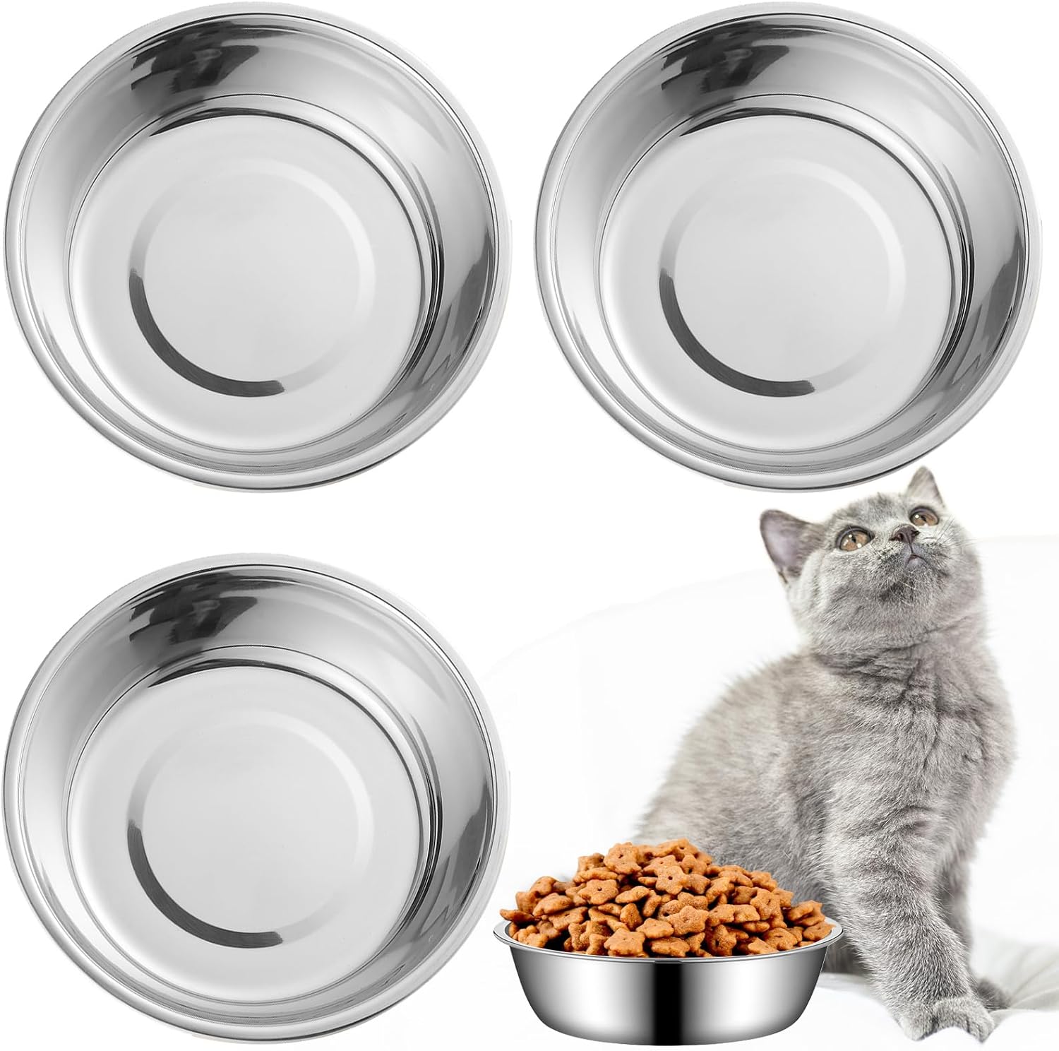 Detalle de LLMSIX 3 Pcs Stainless Steel Cat Food Bowl – Durable, Shallow and Dishwasher Safe