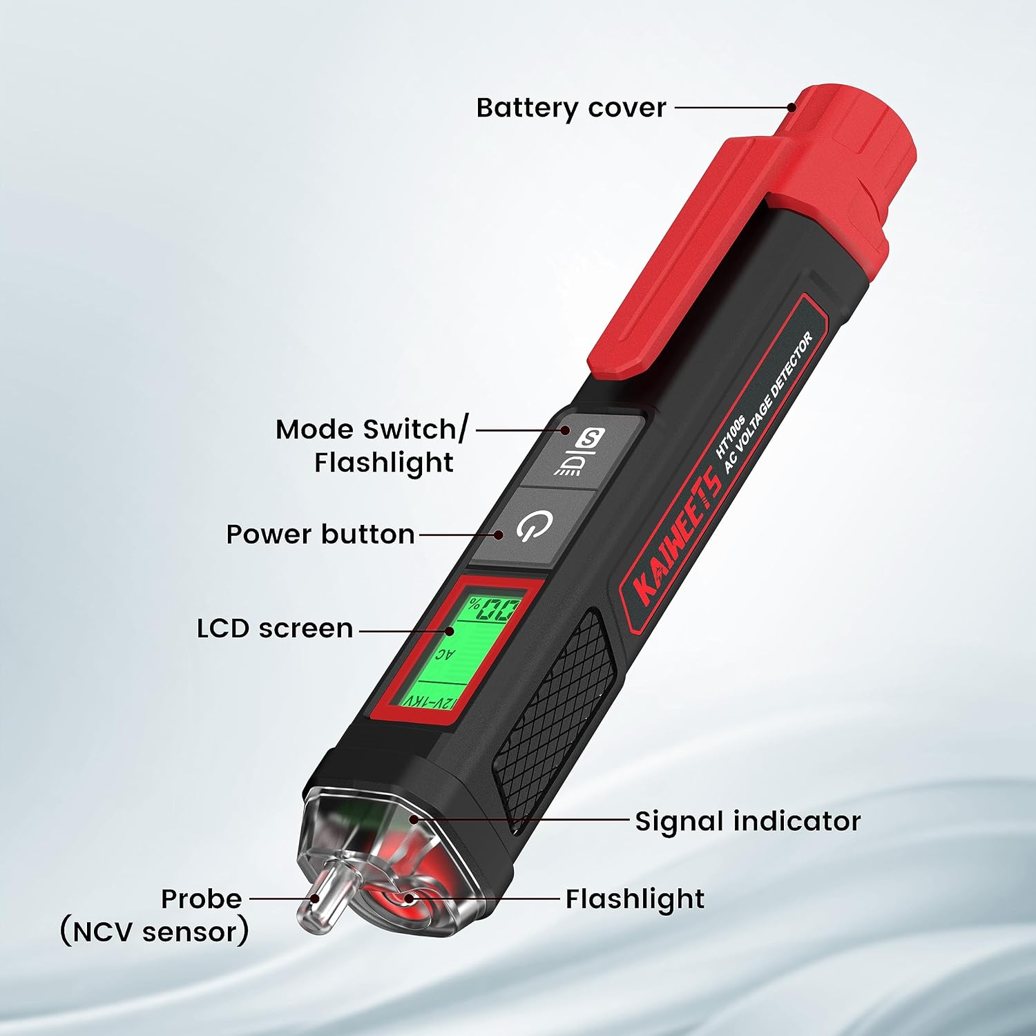 Detalle de KAIWEETS HT100S Voltage Tester: Dual-Range 12–1000V NCV Non-Contact Tester