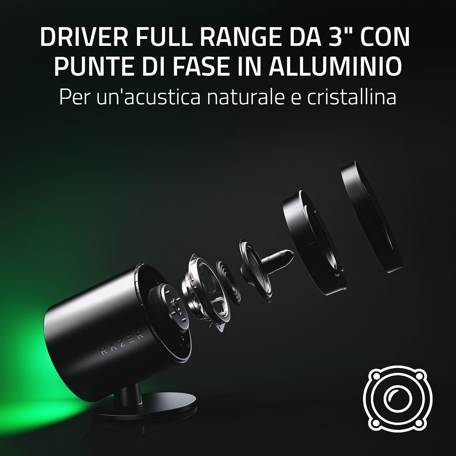 Detalle de Razer Nommo V2 altoparlanti gaming 2.1 con subwoofer wireless, THX Spatial Audio e Razer Chroma RGB