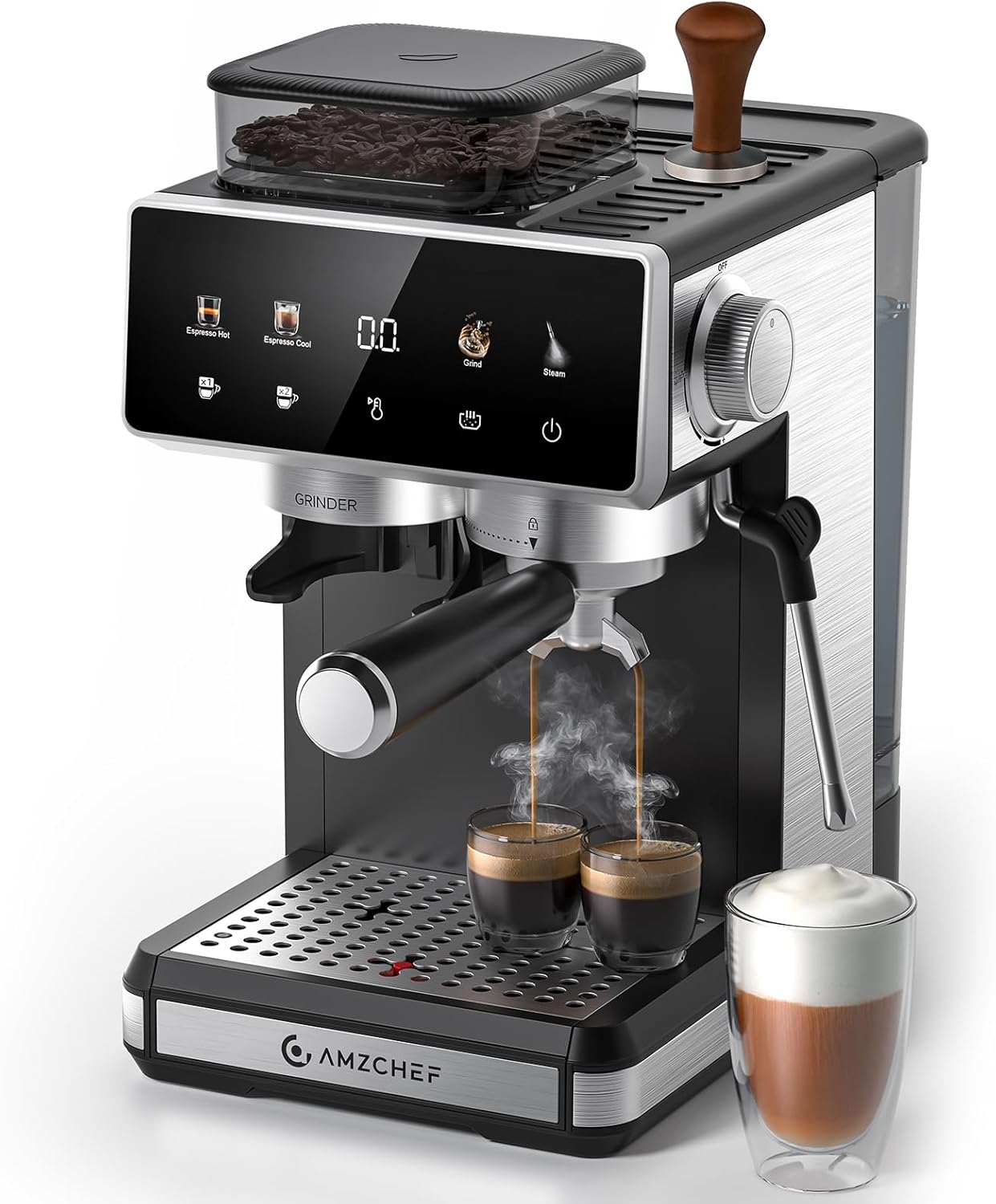 AMZCHEF Siebträgermaschine mit Mahlwerk – 20 Bar Espresso-Power für Zuhause