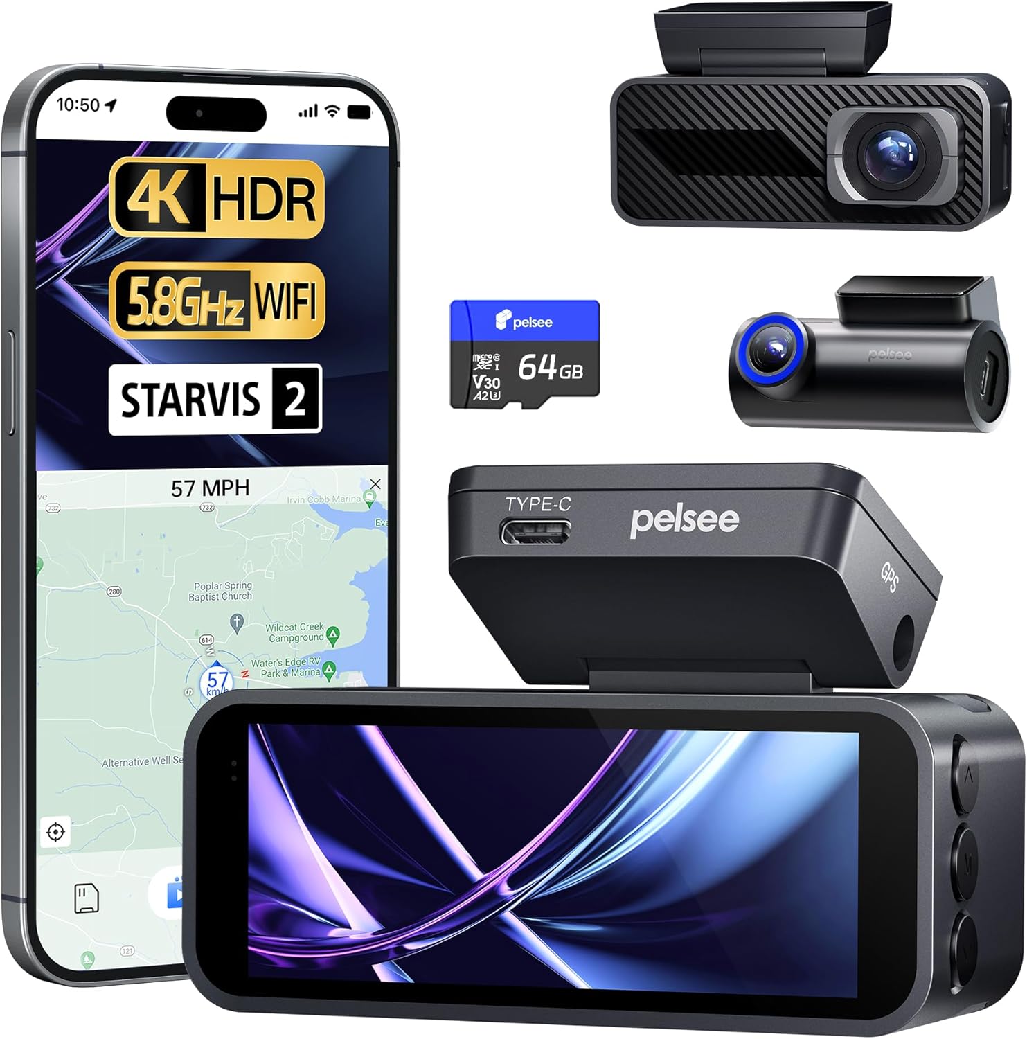 Detalle de Pelsee P1 Pro 4K Dual Dash Cam with 64GB