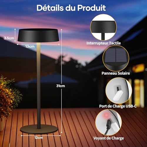 Detalle de Lampe de Table Solaire Extérieur Sans Fil Suright — Rechargeable, USB-C et solaire, IP65