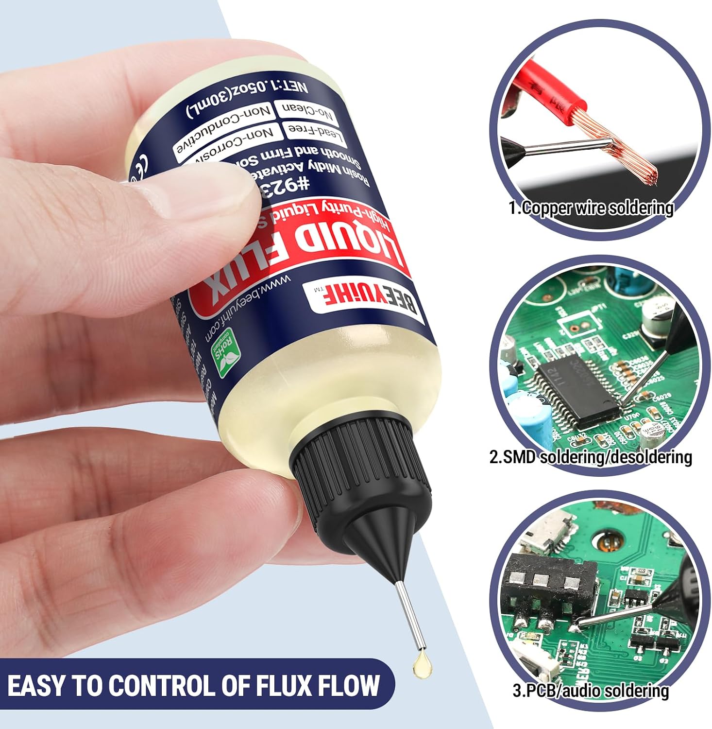 Detalle de BEEYUIHF Liquid Solder Flux Dropper (30 mL) — Non-Corrosive, Lead-Free Rosin Flux for Electronics