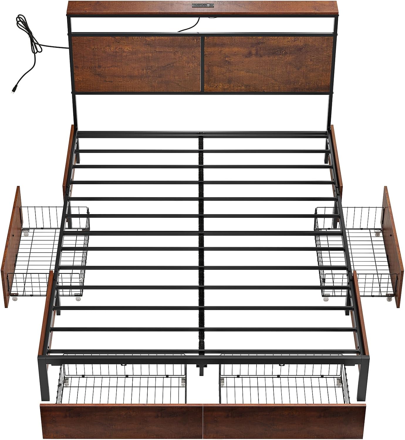 Thumbnail 6 de HAUSOURCE Queen Bed Frame with Storage, LED Headboard and Charging Station