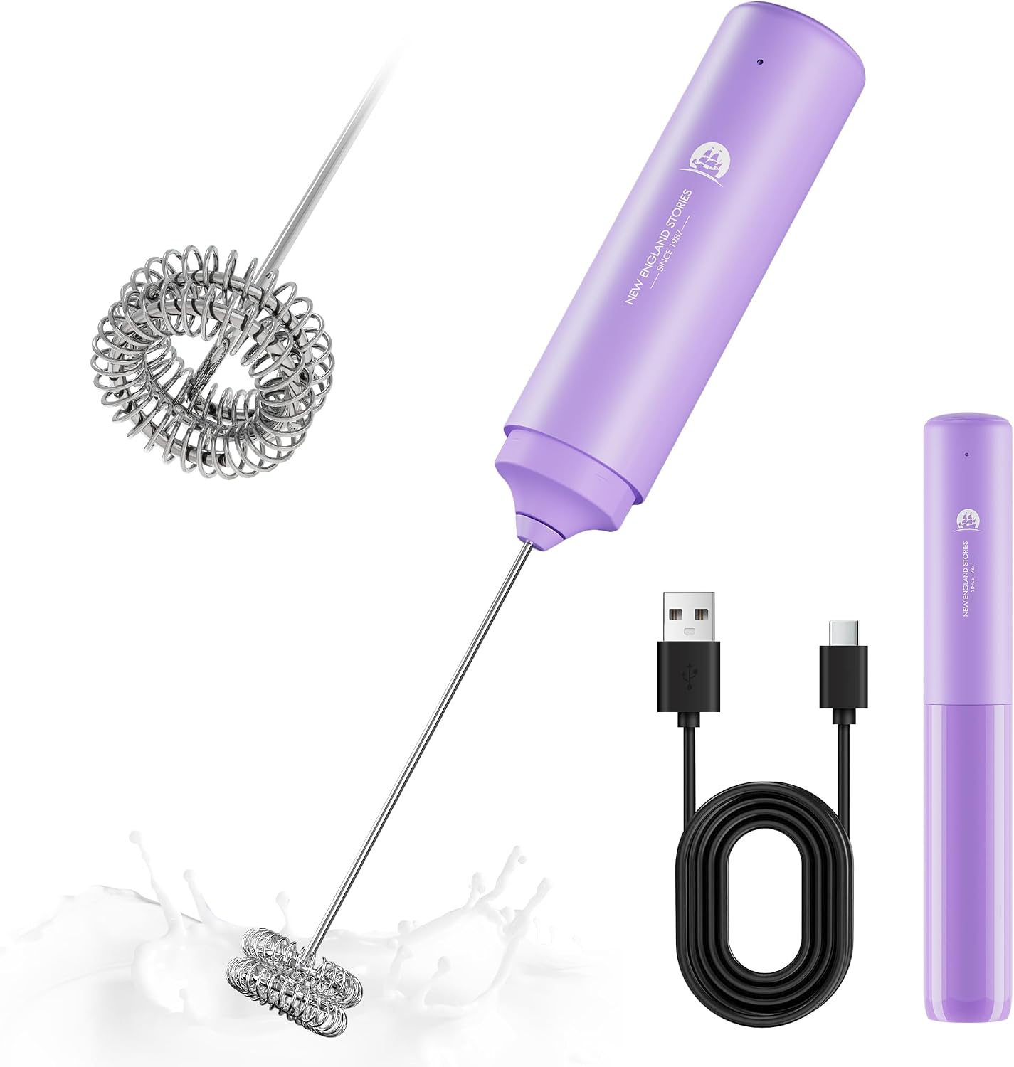 Detalle de New England Stories MF-LPURPLE-KCDDHZ Rechargeable Milk Frother with Dual-Spring Whisk