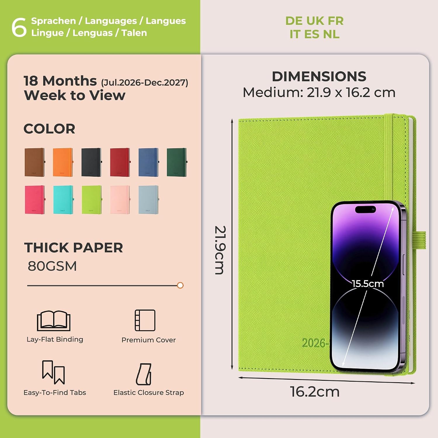 Detalle 2 de IN-LUXPRO Academic Diary 2026-2027: A5 Week to View, Wasabi Green PU Leather