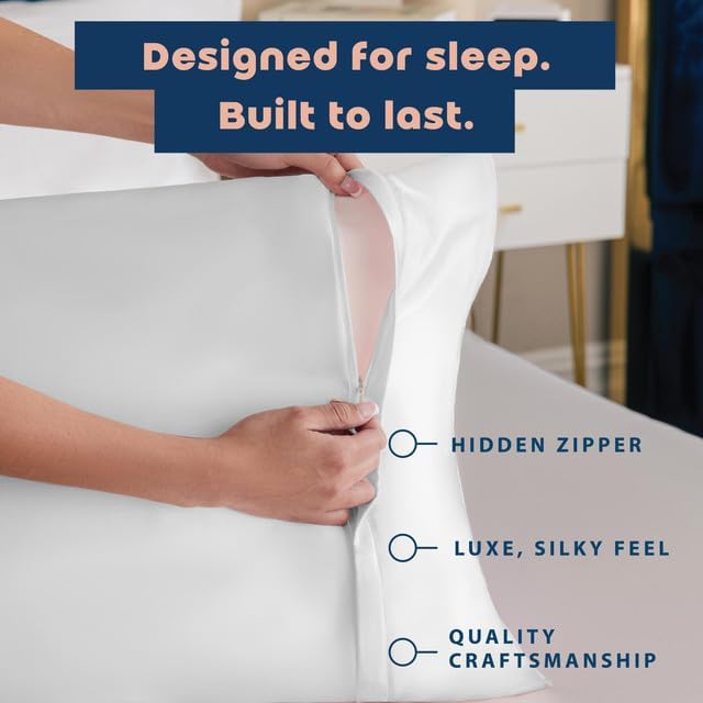 Detalle de BLISSFORD Satin Pillowcase with Hidden Zipper (Set of 2) — White, Standard Size