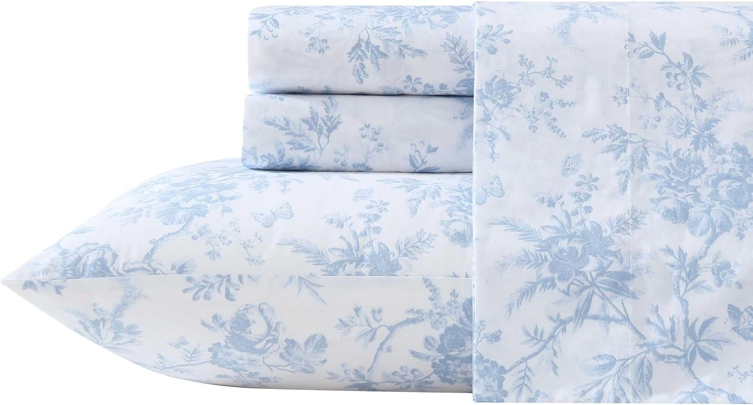 Detalle de Laura Ashley Twin Size Sheet Set: Crisp Cotton Percale with Deep Pocket Fit