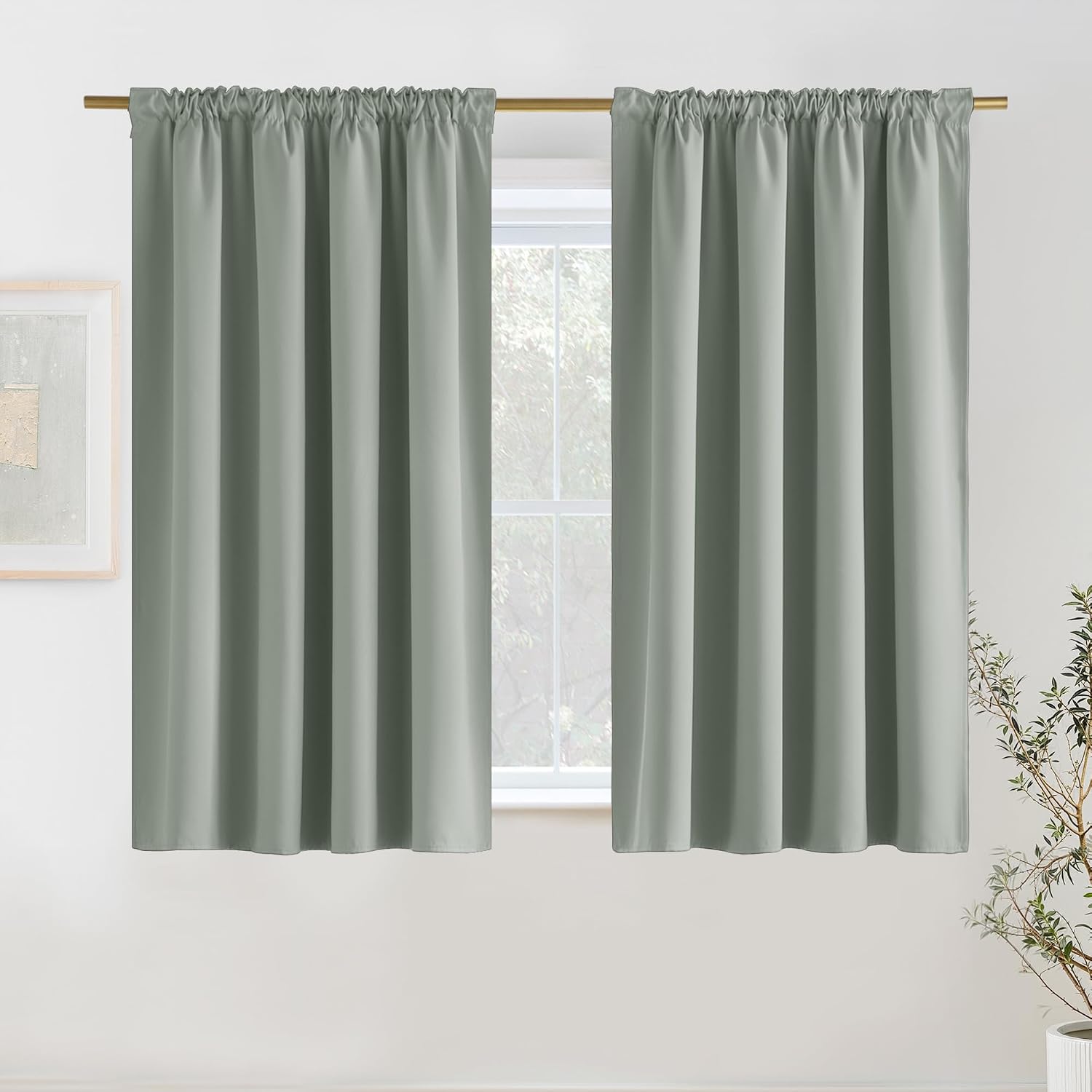 Detalle de PONY DANCE 100% blackout thermal pencil pleat curtains (sage green) – rod pocket, 2 panels