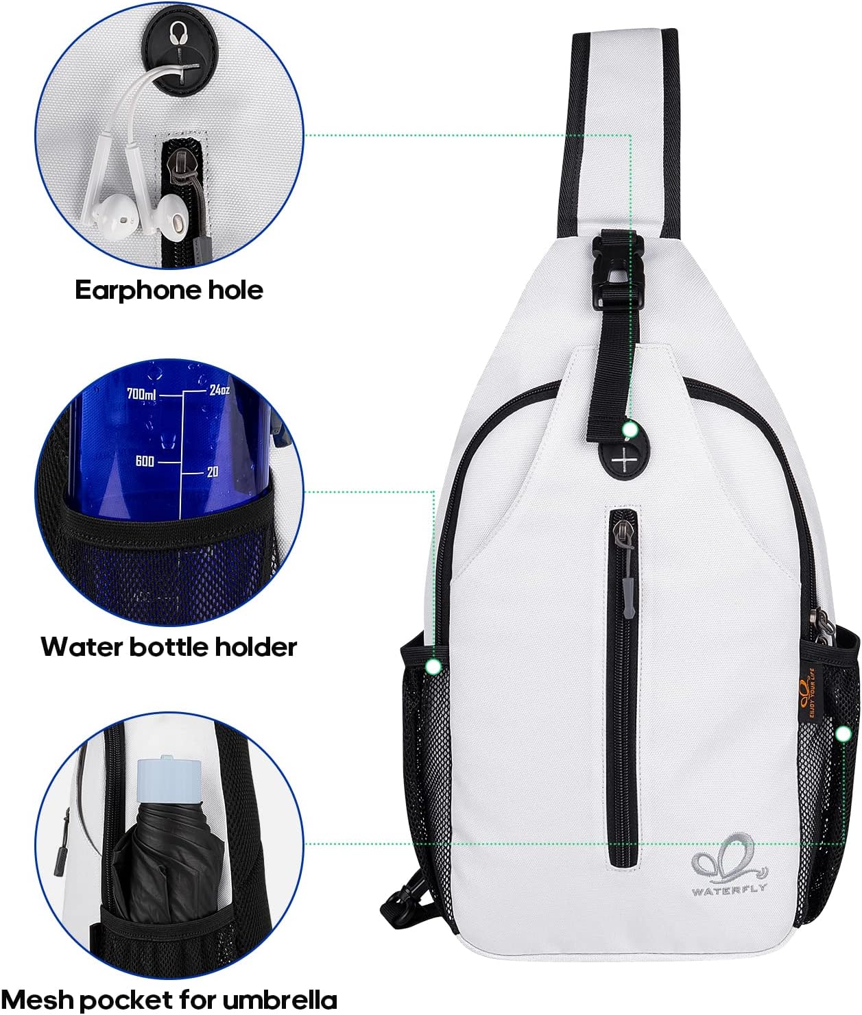 Detalle de WATERFLY Sling Rucksack Umhängetasche mit verstellbarem Schultergurt – für Wandern, Joggen & Alltag