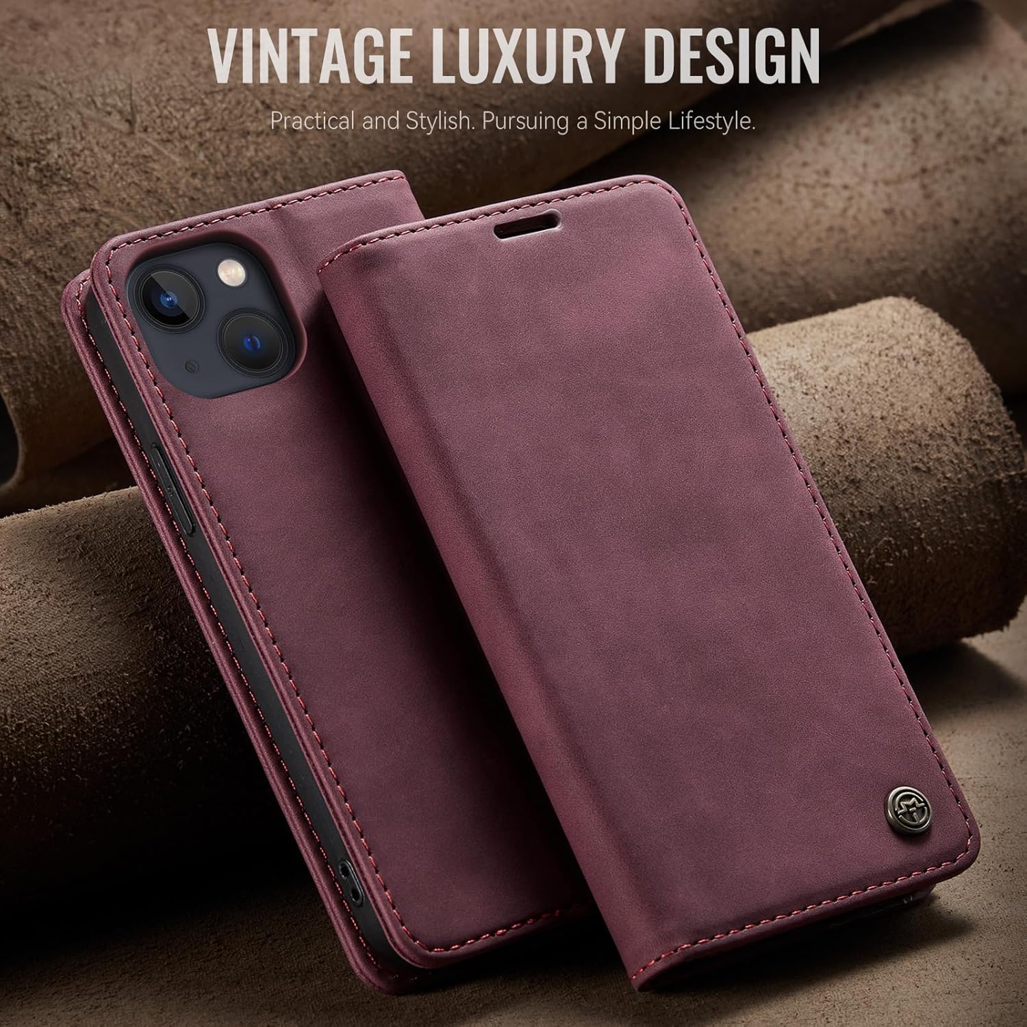 Thumbnail 6 de Azororo Handyhülle für iPhone 14 5G im Flip-Case-Stil mit Kartenfach & Standfunktion (Weinrot)