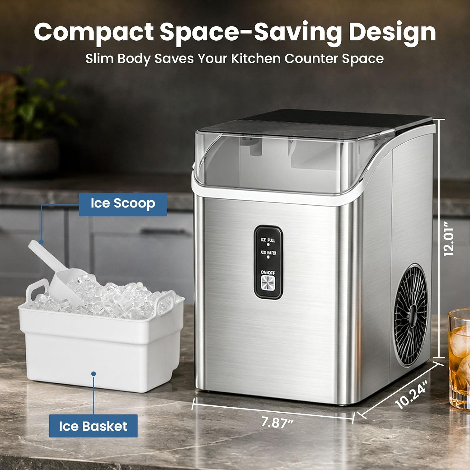 Detalle 2 de Electactic HZB-15NG/S Nugget Ice Maker, Self-Cleaning Countertop Machine