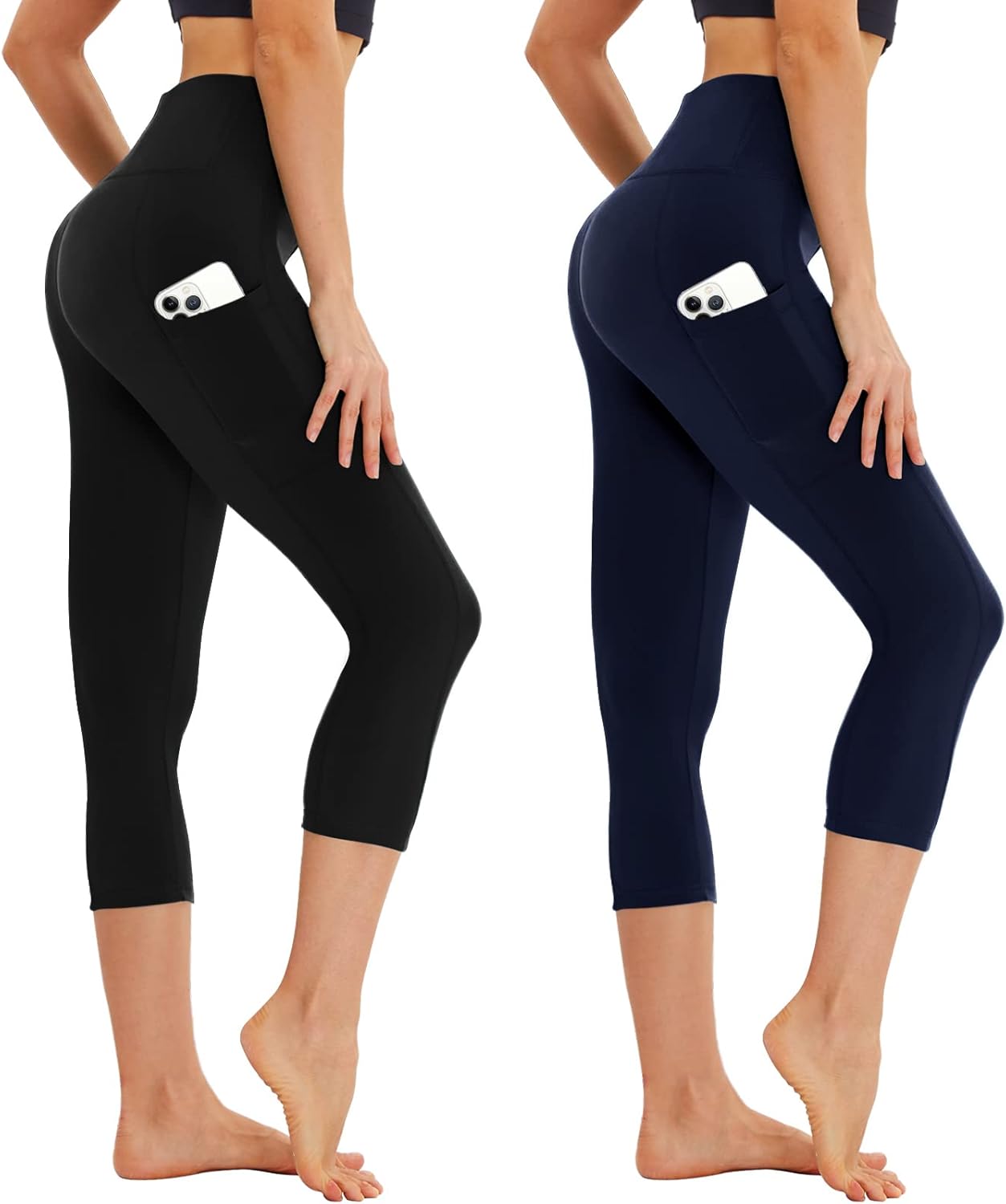 AMIY0YO Capri Leggings Damen mit Taschen – 3/4 Sport Leggings, High Waist, 2er Pack