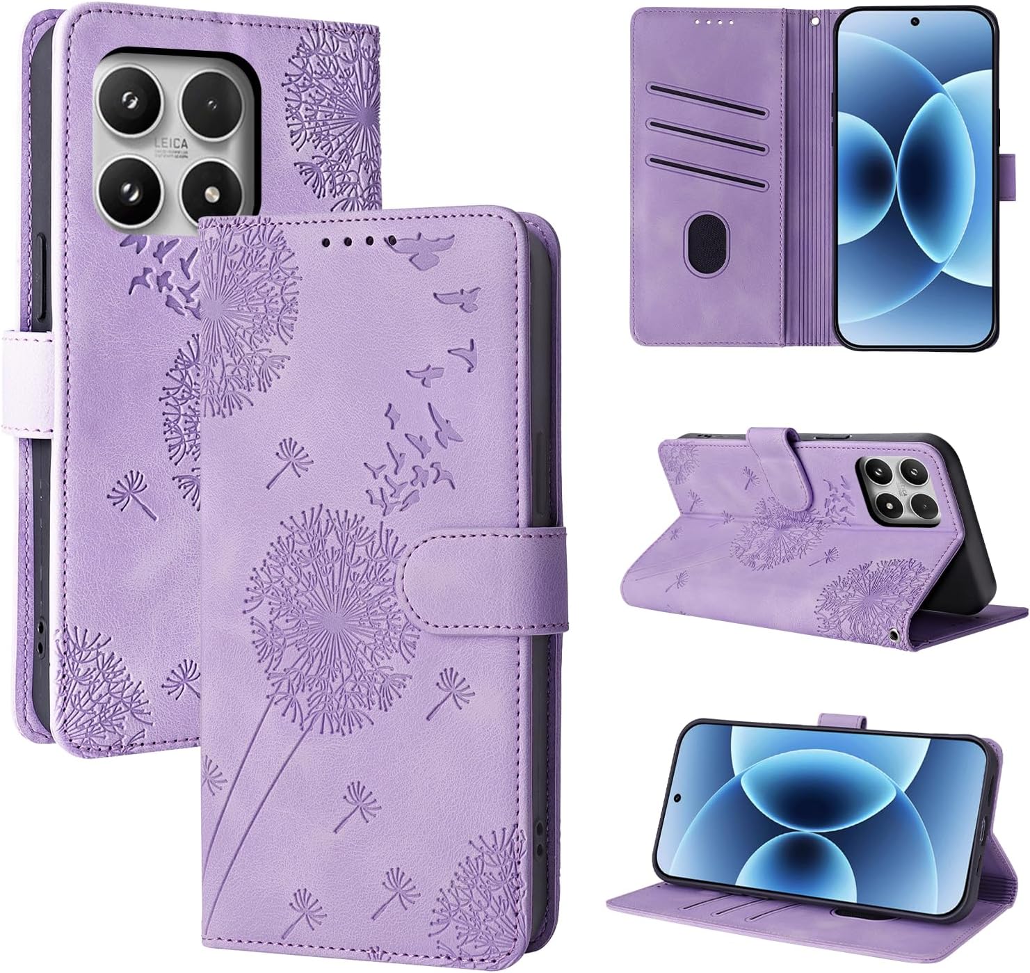 Detalle de Rostsant Flip-Case für Xiaomi 17 – Brieftasche Hülle aus PU-Leder, Löwenzahn, Violett