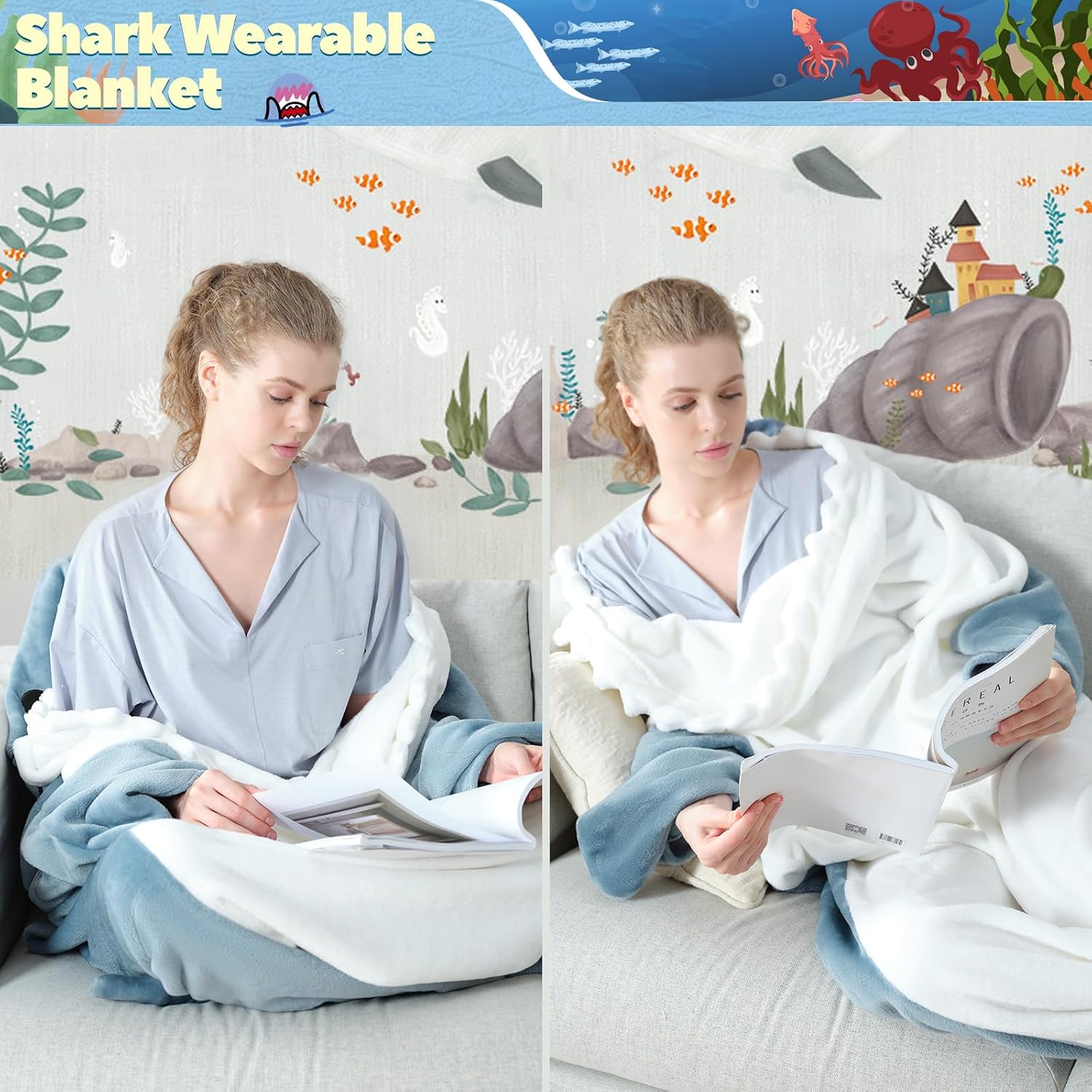 Detalle 2 de Touchat Shark Blanket for Adults, Blue Large 280 GSM Flannel Wearable Blanket
