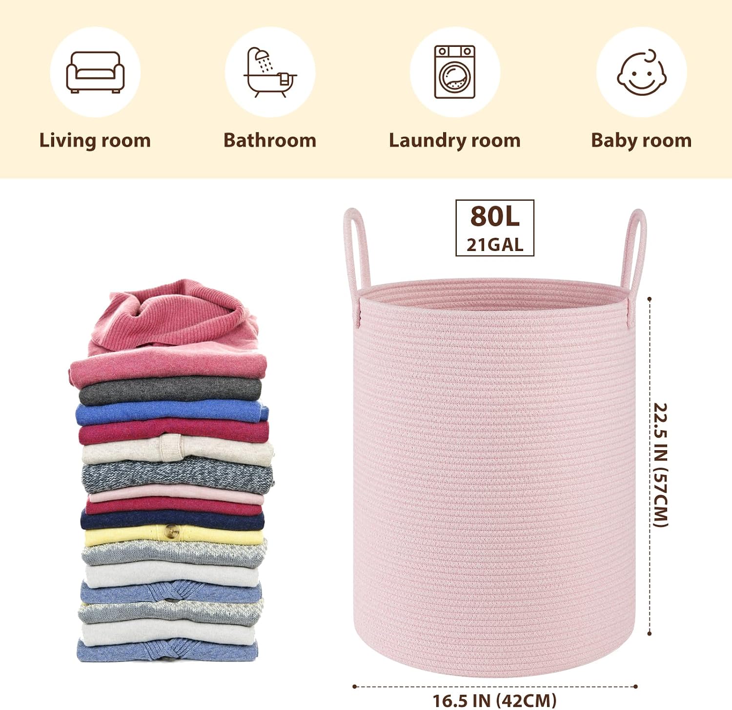 Thumbnail 1 de OIAHOMY HSOBK0003601 80L Cotton Rope Laundry Hamper, Pink