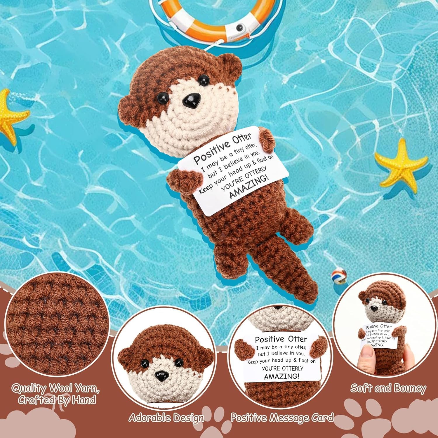 Detalle 2 de ALUNME Mini Funny Positive Crochet Otter – emotional crocheted otter gift with uplifting card