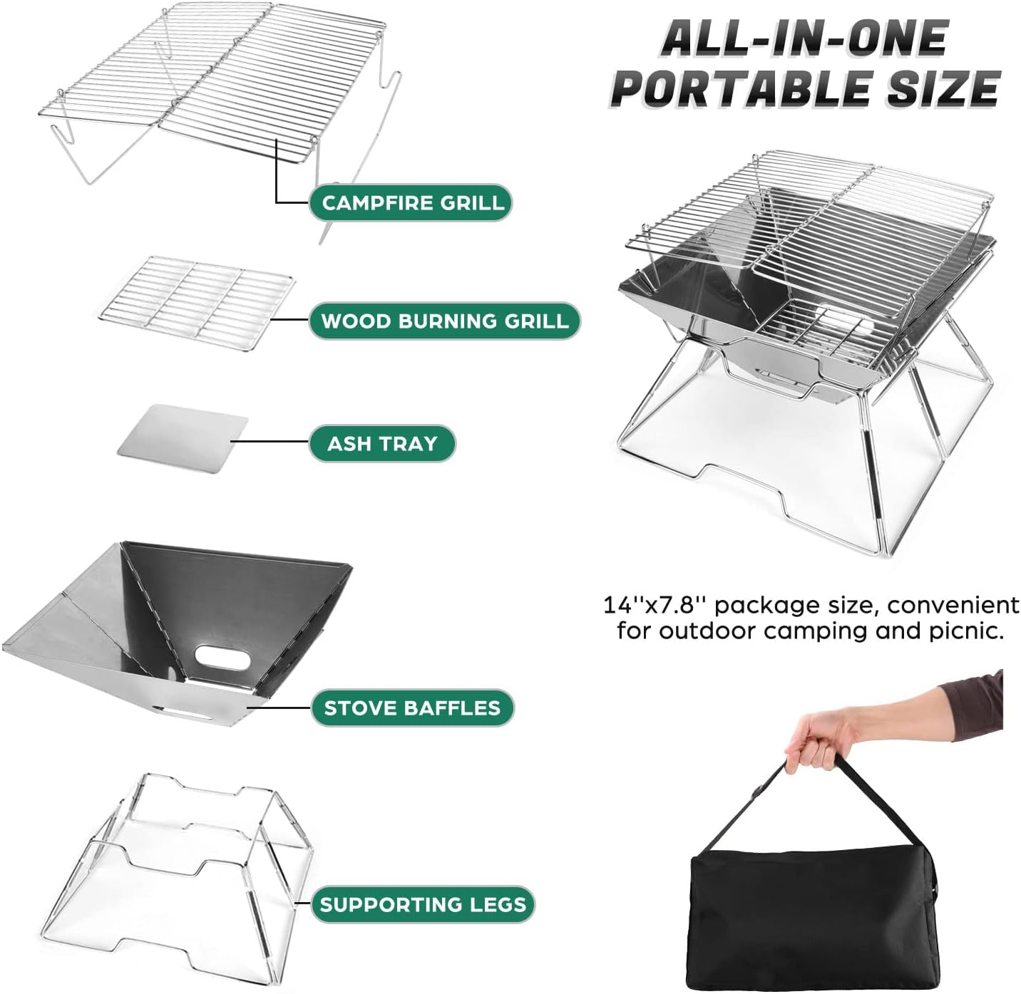 Thumbnail 1 de Odoland portable collapsible BBQ fire pit grill (304 stainless steel) for camping, picnic and garden