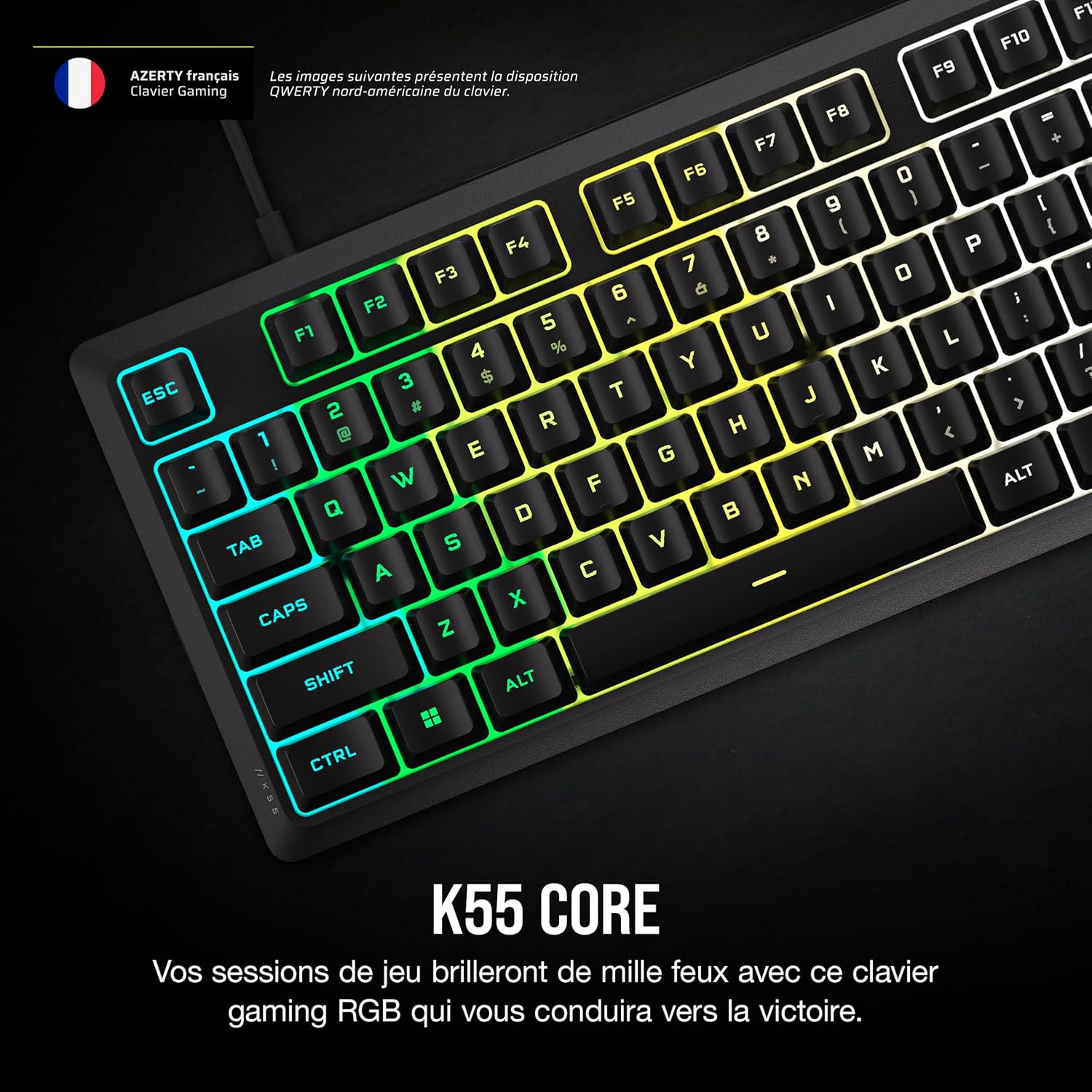 Detalle de Corsair K55 Core RGB Clavier de Jeu Filaire à Membrane (AZERTY FR) – Noir