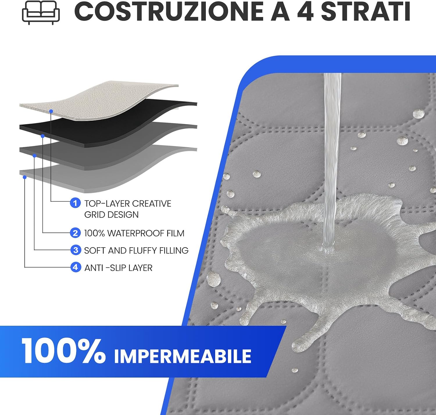 Thumbnail 3 de Ystyle copripoltrona 1 posto impermeabile trapuntato grigio chiaro con braccioli e tasche
