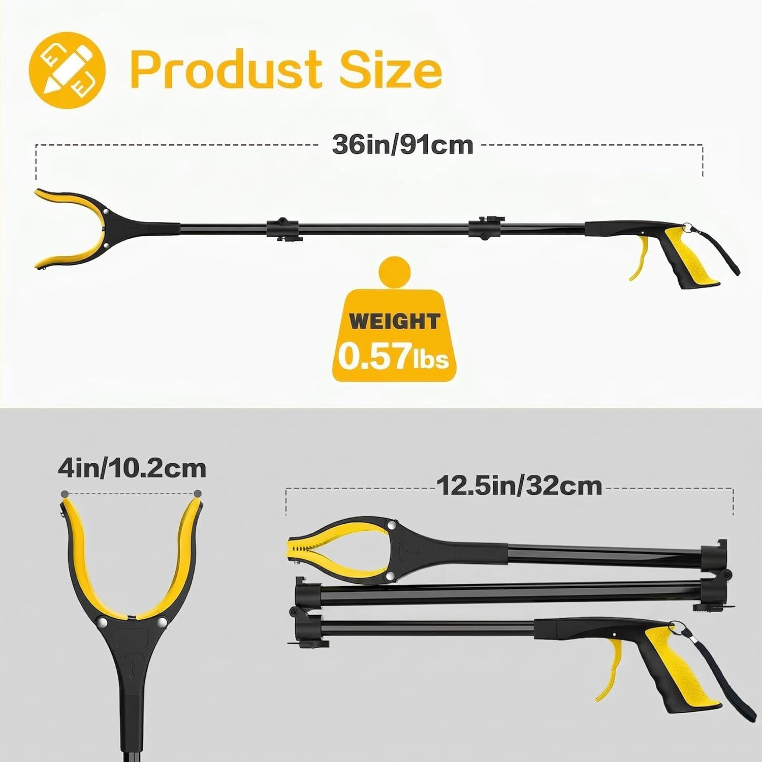 Thumbnail 1 de 91cm Extra Long Grabber Reacher with Magnetic Tip – Foldable, 360° Rotating Jaw, Yellow/Black