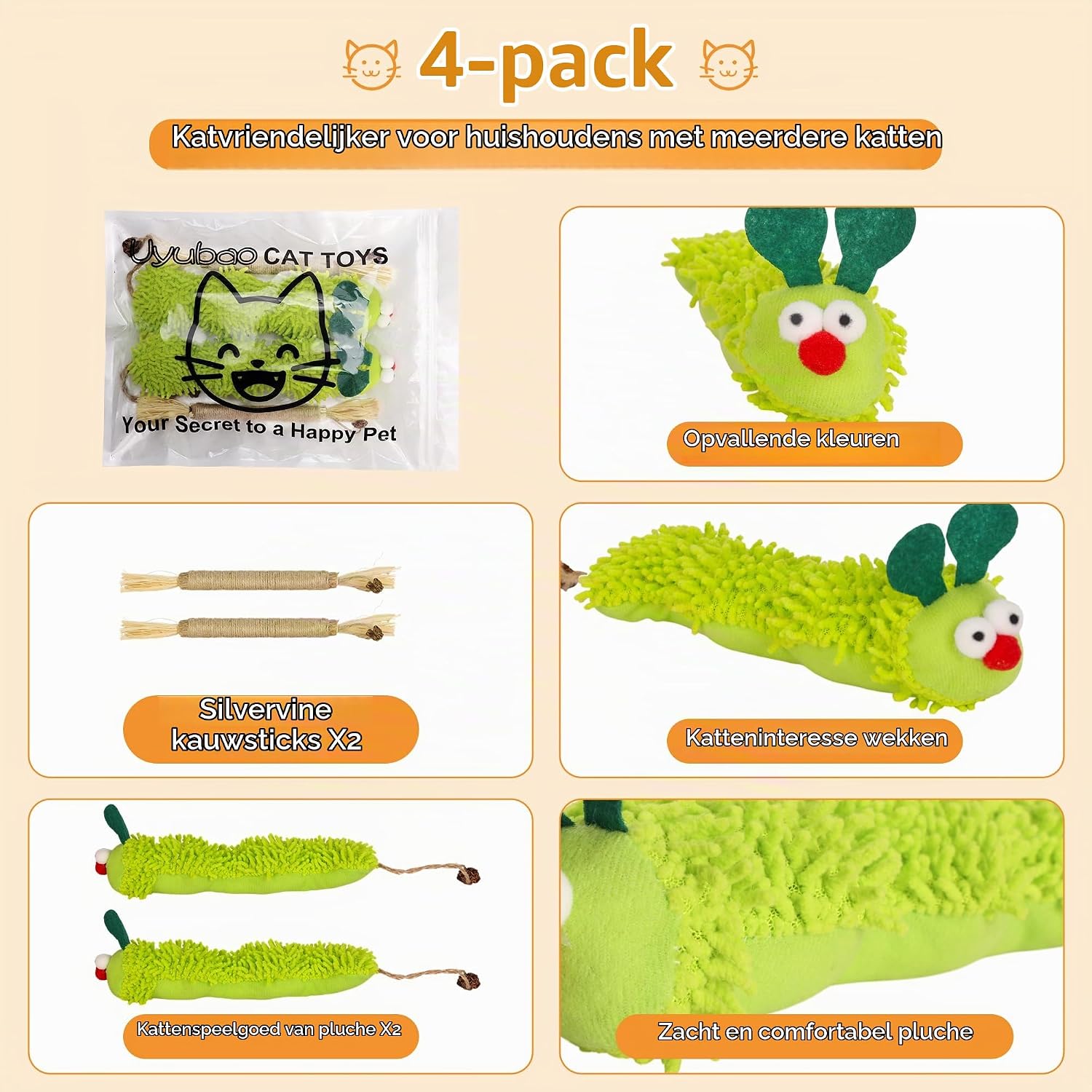 Thumbnail 6 de Uyubao CATOY-4PCS kattenspeelgoed met pluchen rupsen en zilvervine-stokjes