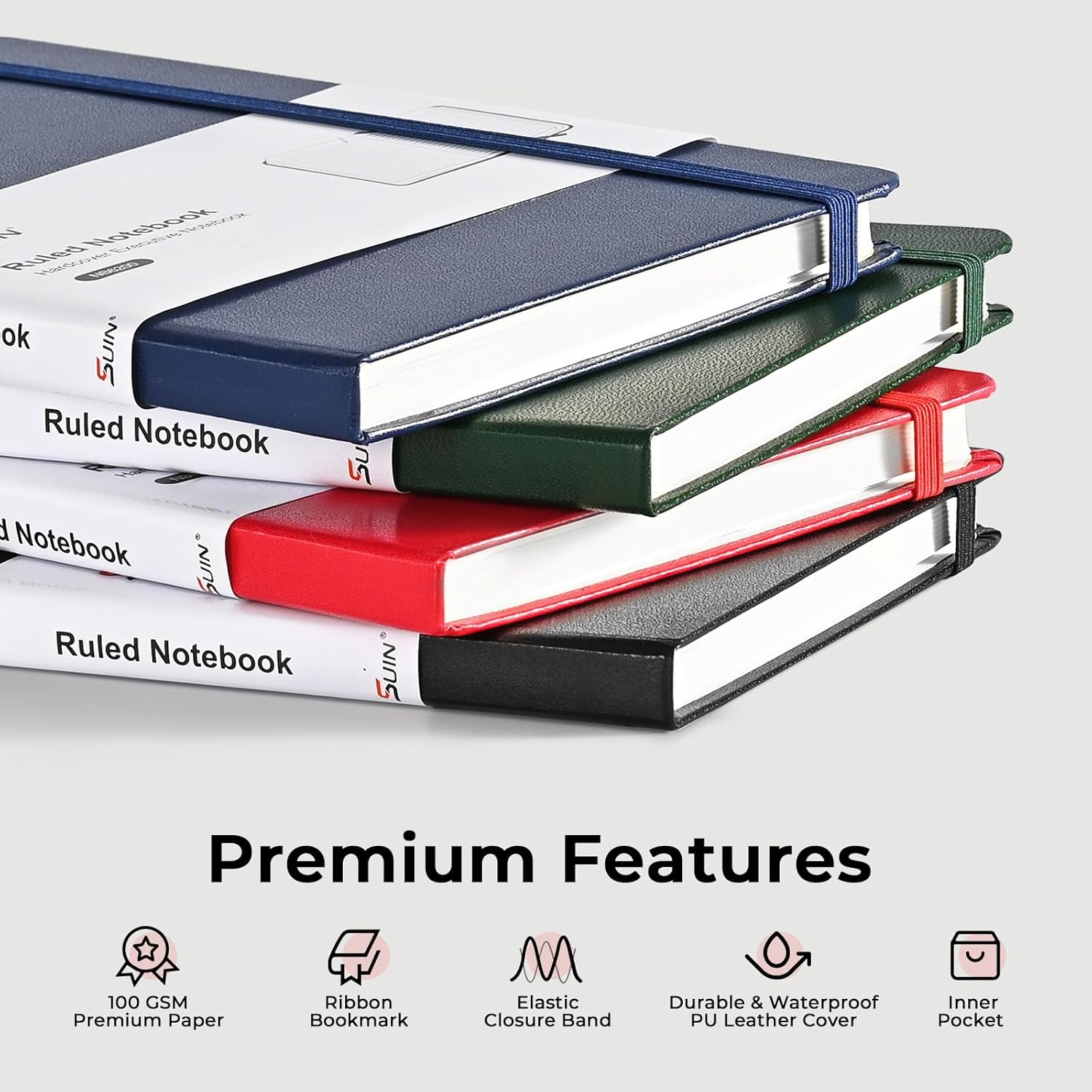 Thumbnail 1 de SUIN A5 Hardcover Lined Journal (3-Pack) with Lay-Flat Binding, Pocket & Bookmark – Black