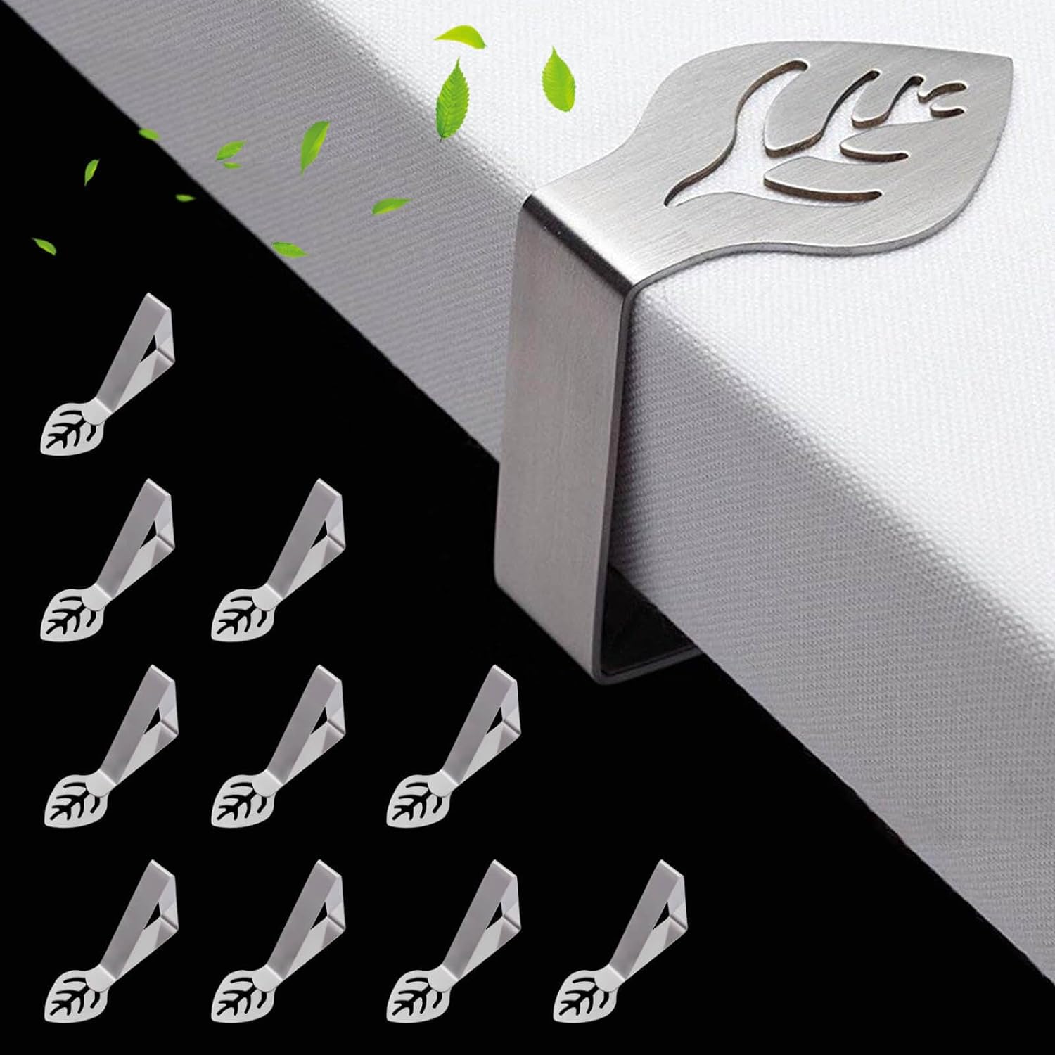 Detalle de Leaf-shaped table cloth clips (10-pack) for outside & inside tables, stainless steel large clamp